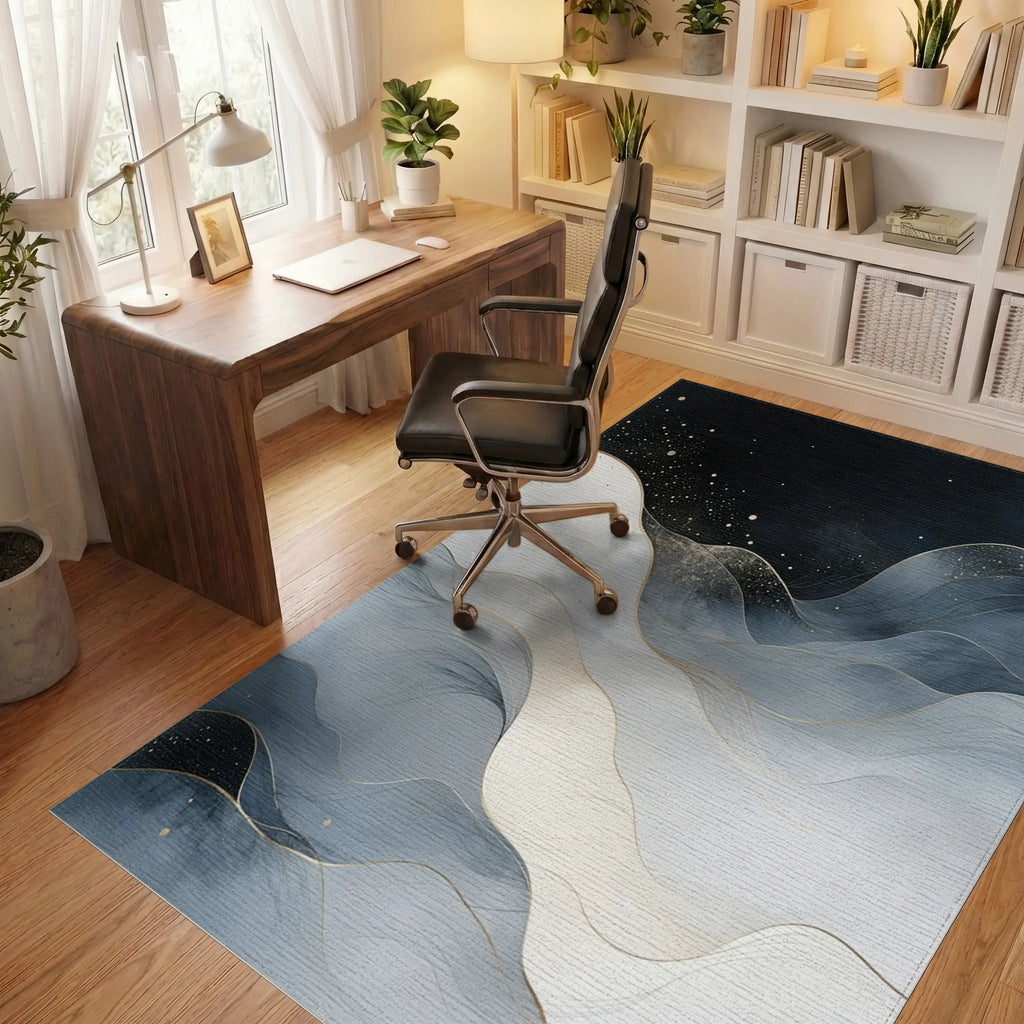 Starry Navy Gold Waves Rug Office View