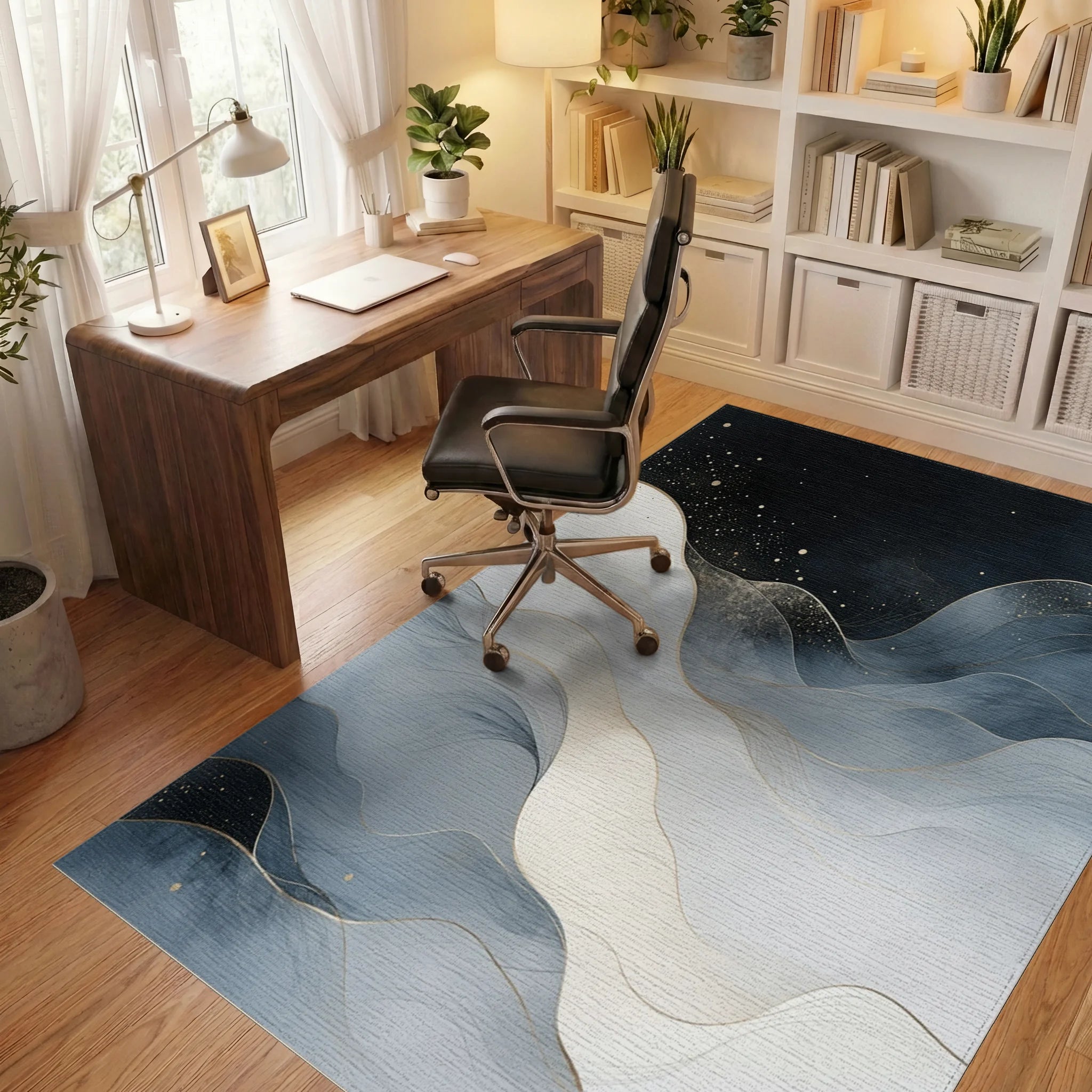 Starry Navy Gold Waves Rug Office View