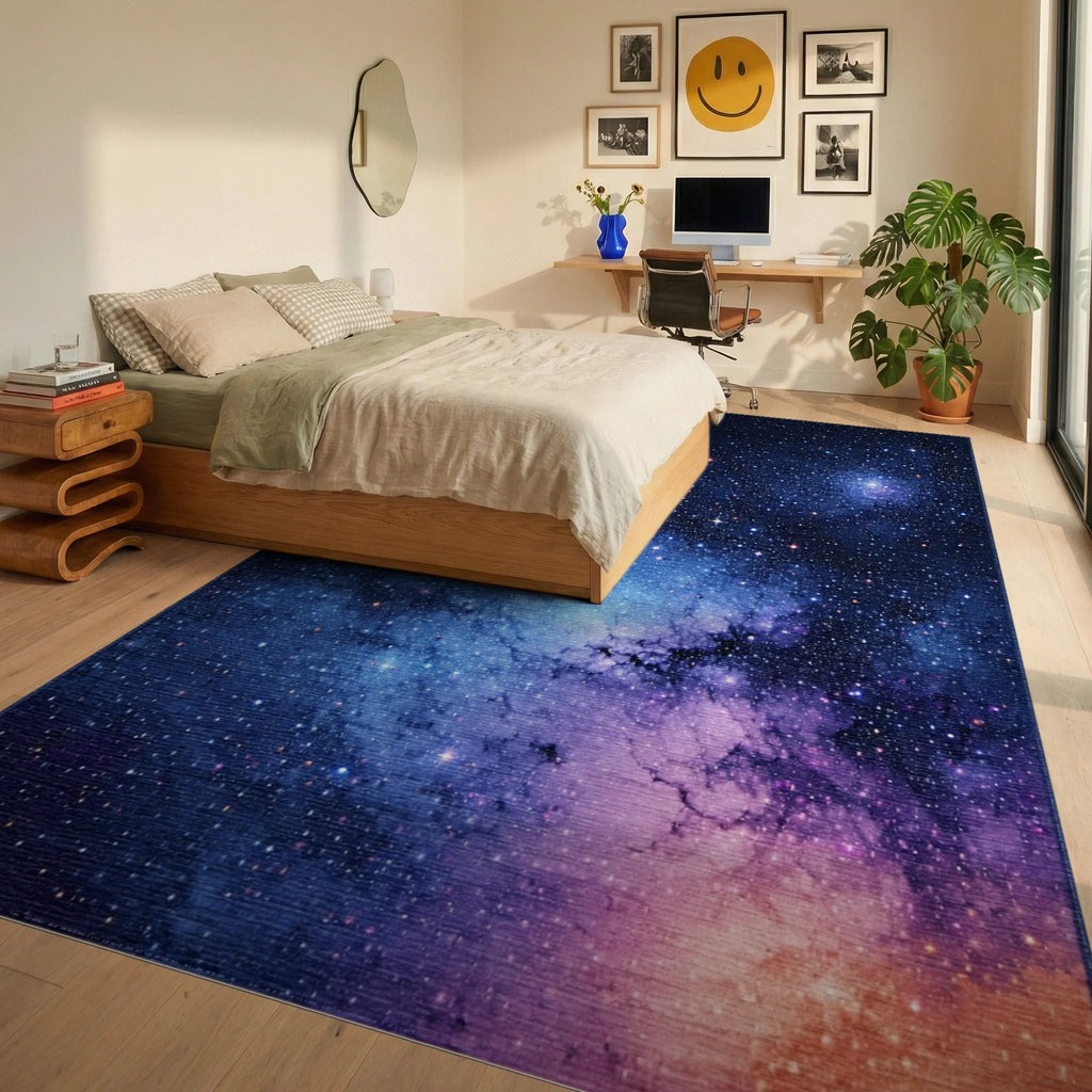 Starry Nebula Cosmic Rug - Bedroom View