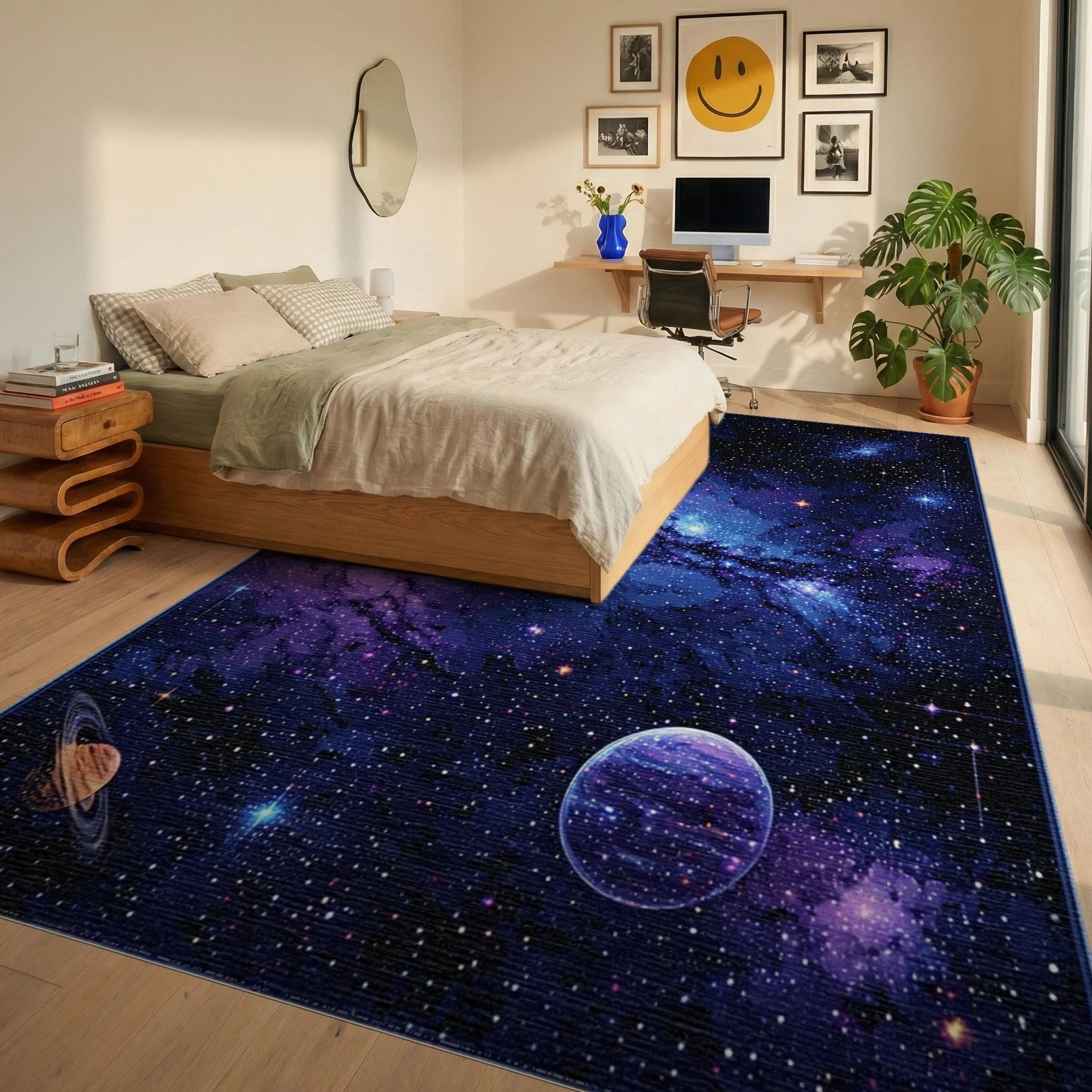 Starry Nebula Galaxy Planets Rug - Bedroom View