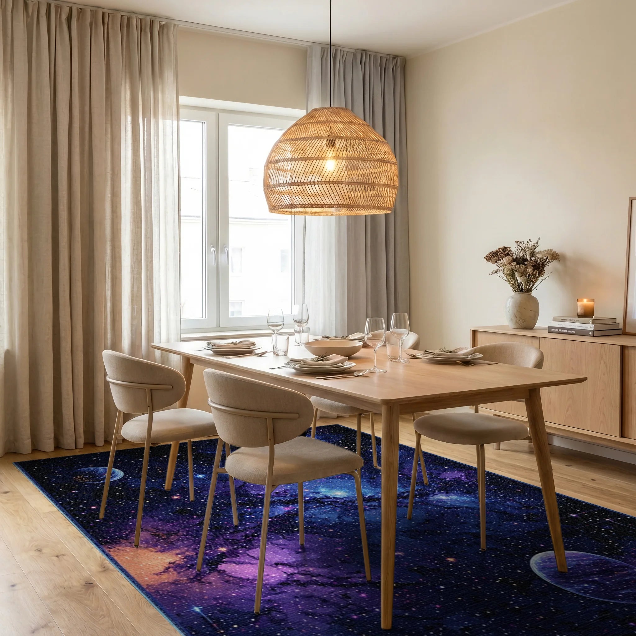 Starry Nebula Galaxy Planets Rug - Dining Room View