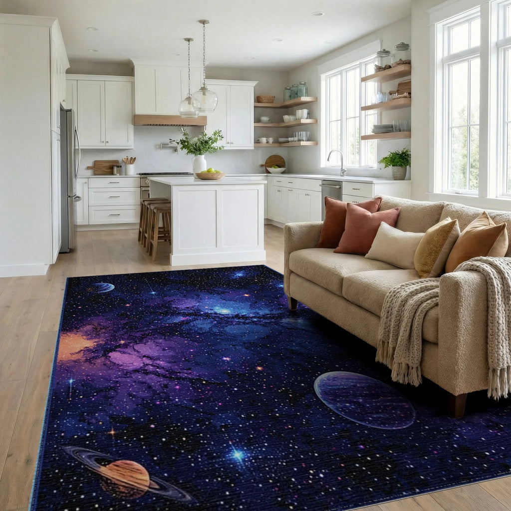 Starry Nebula Galaxy Planets Rug - Living Room View