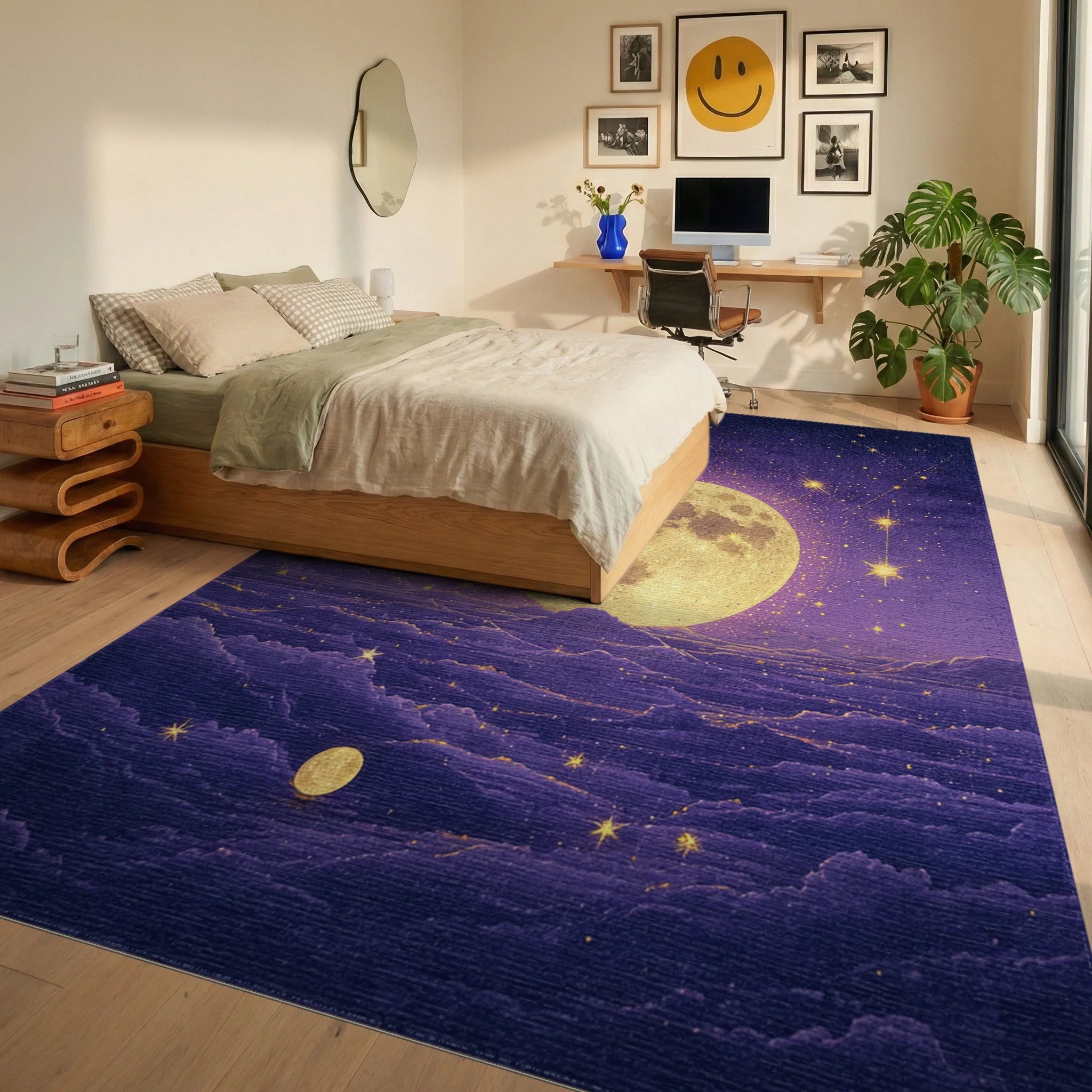 Starry Purple Golden Full Moon Rug Bedroom View
