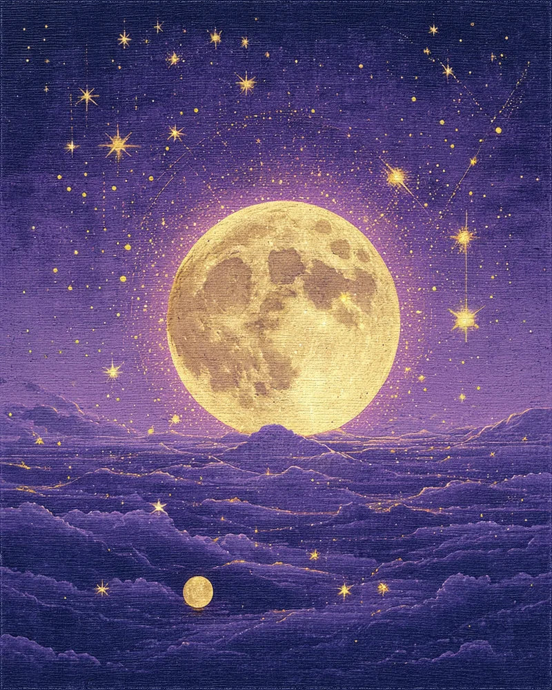 Starry Purple Golden Full Moon Rug - Cutout View