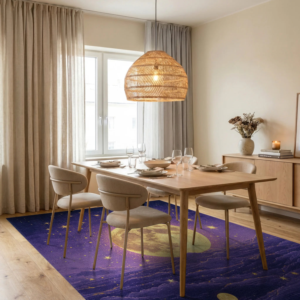 Starry Purple Golden Full Moon Rug Dining Room View