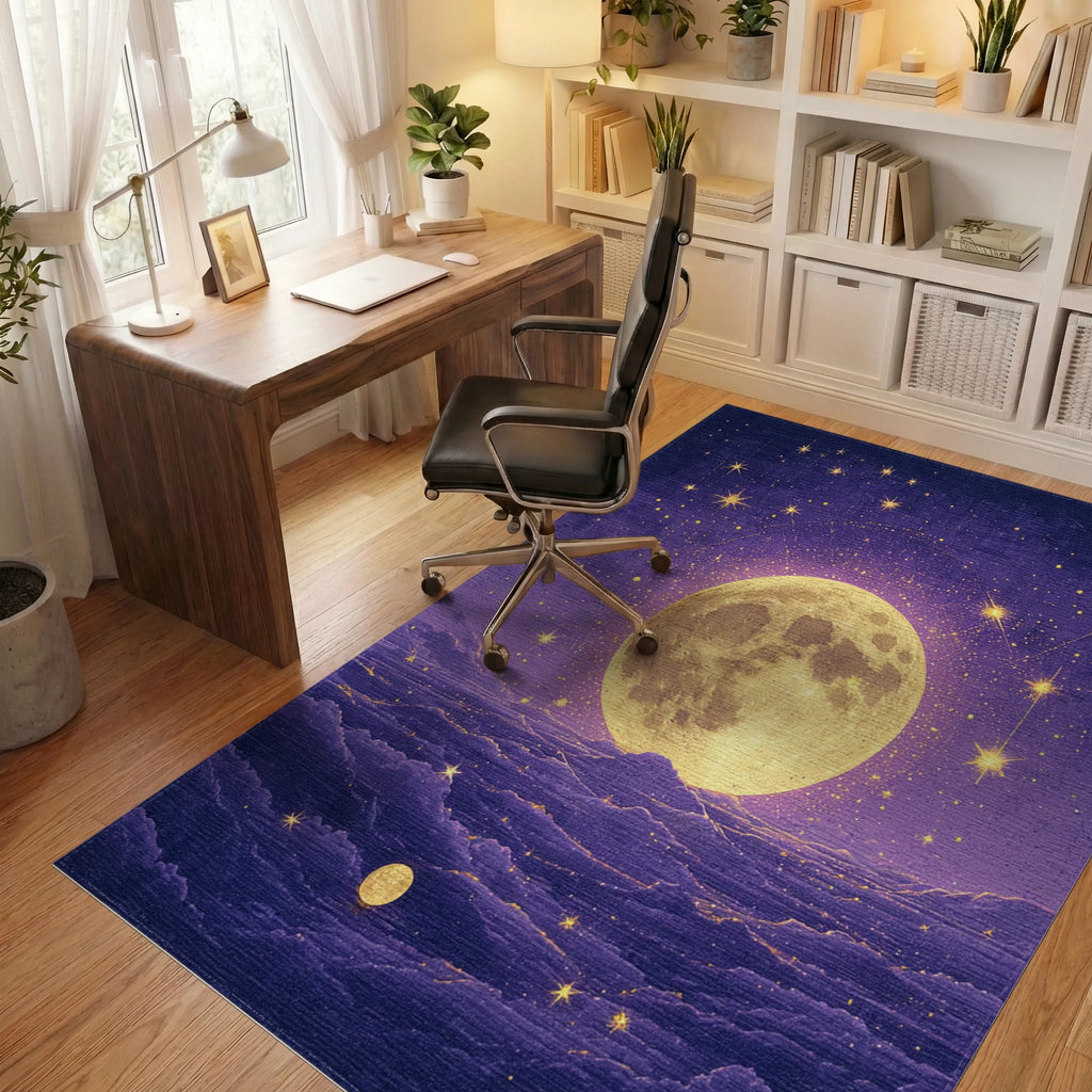 Starry Purple Golden Full Moon Rug Office View