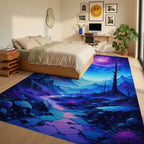 Starry Purple Nebula Mountains Rug - Bedroom View