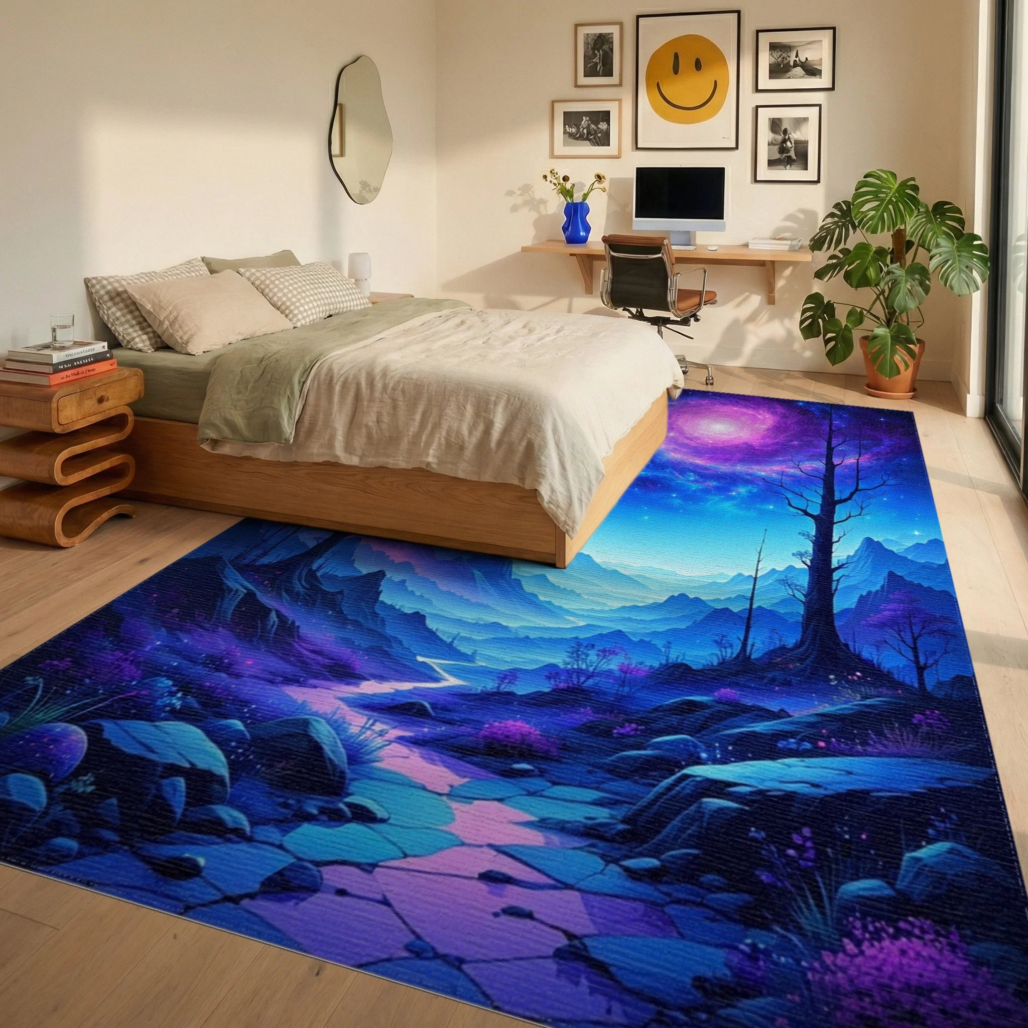 Starry Purple Nebula Mountains Rug - Bedroom View