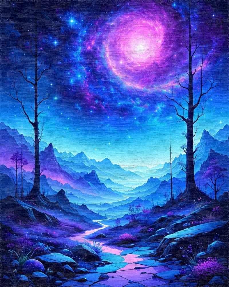 Starry Purple Nebula Mountains Rug - Cutout View