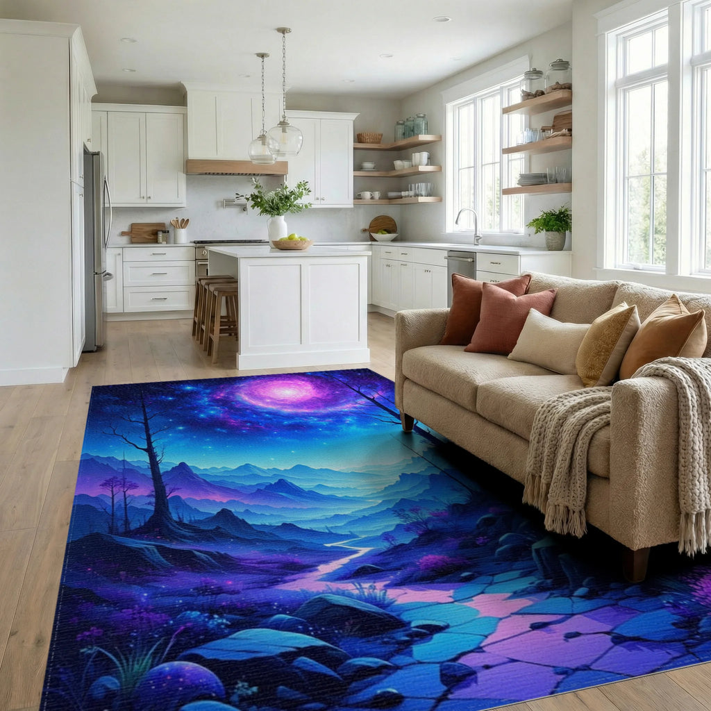 Starry Purple Nebula Mountains Rug - Living Room View