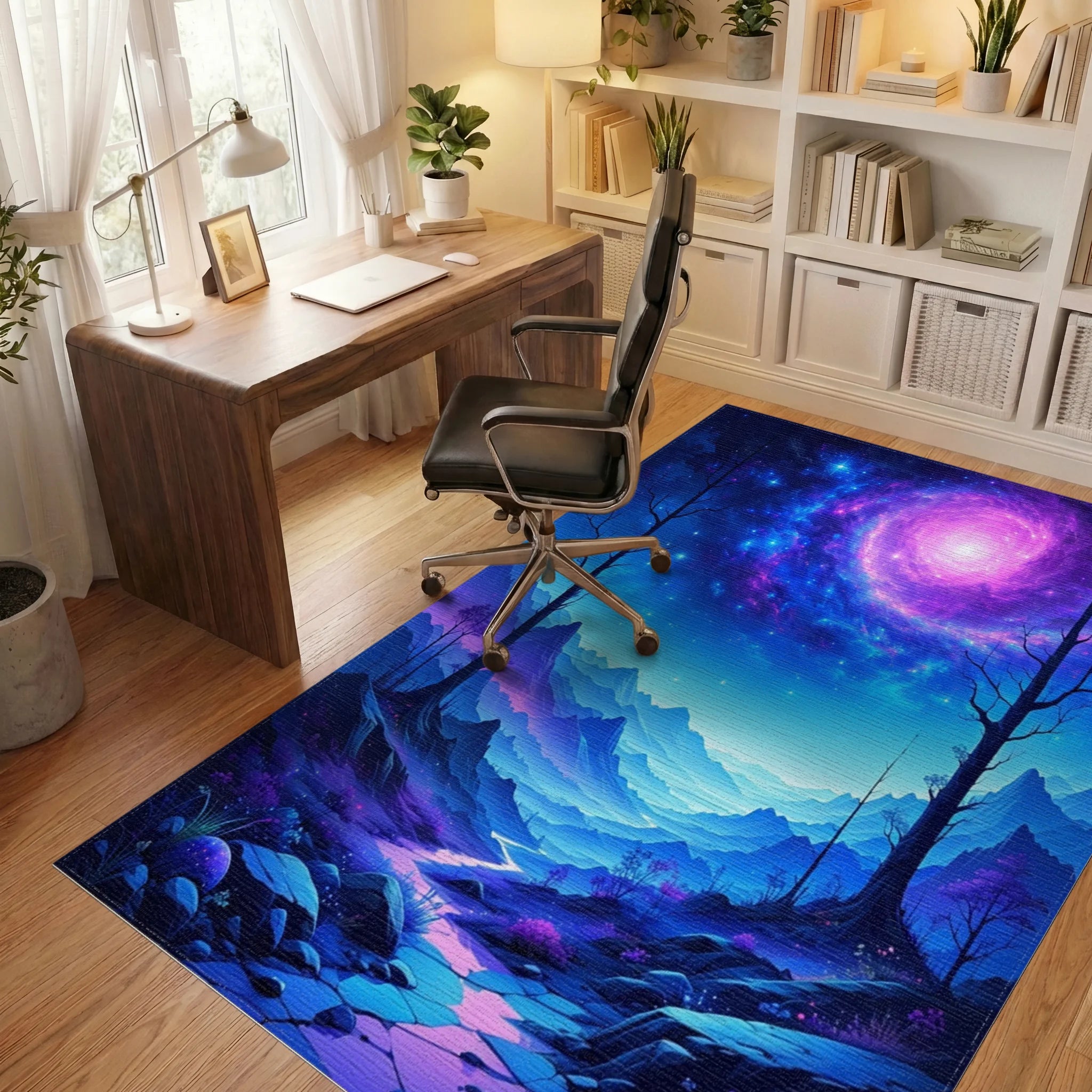 Starry Purple Nebula Mountains Rug - Office View
