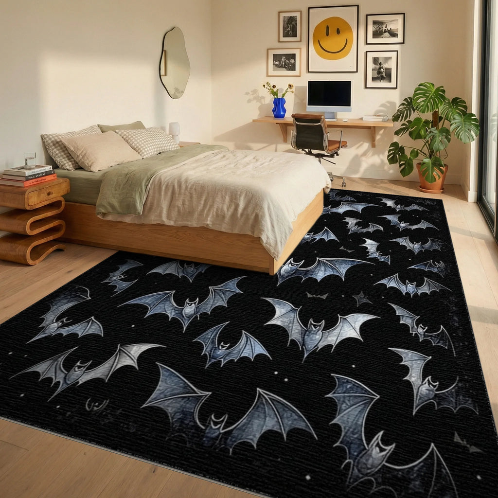Starry Silver Bats Black Rug - Bedroom View
