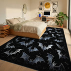 Starry Silver Bats Black Rug - Bedroom View