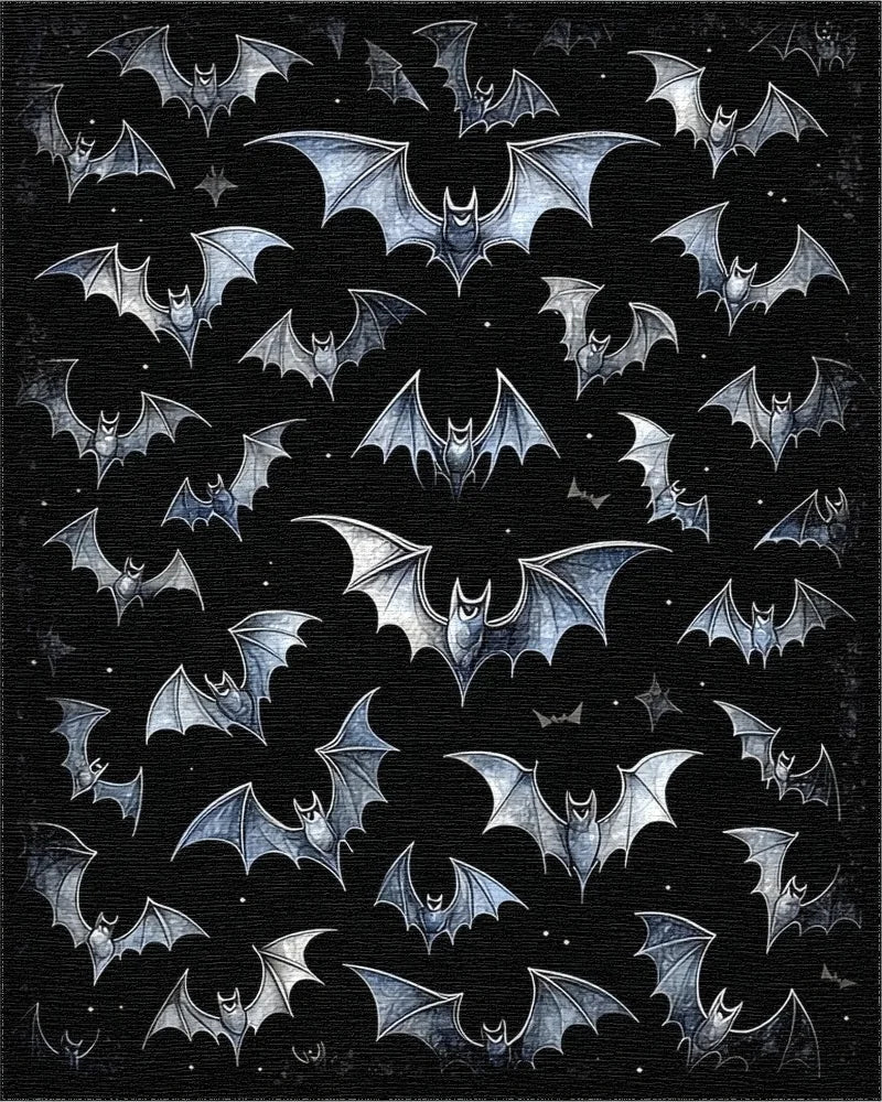 Starry Silver Bats Black Rug - Cutout View