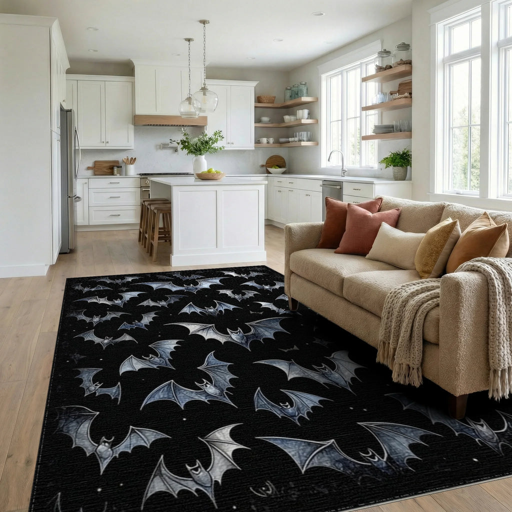 Starry Silver Bats Black Rug - Living Room View
