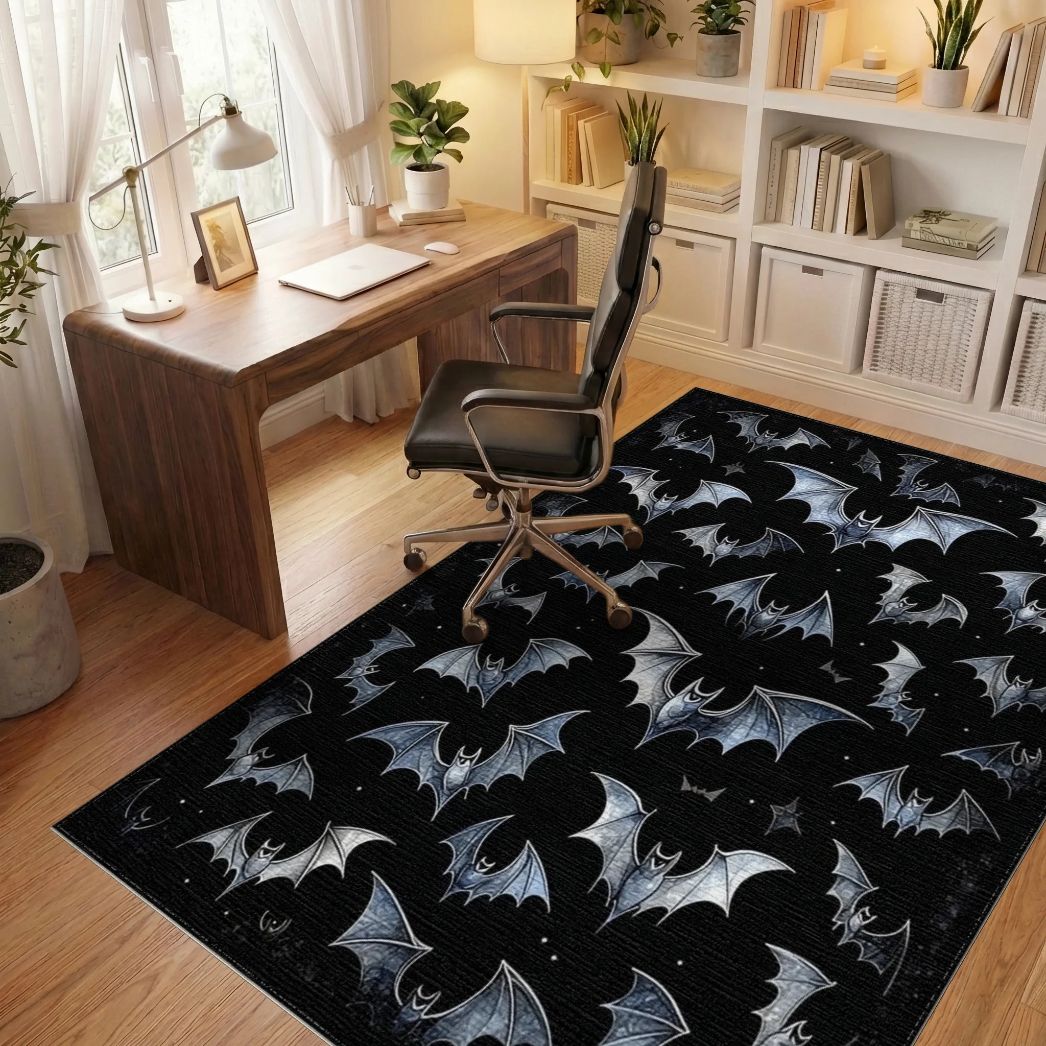 Starry Silver Bats Black Rug - Office View