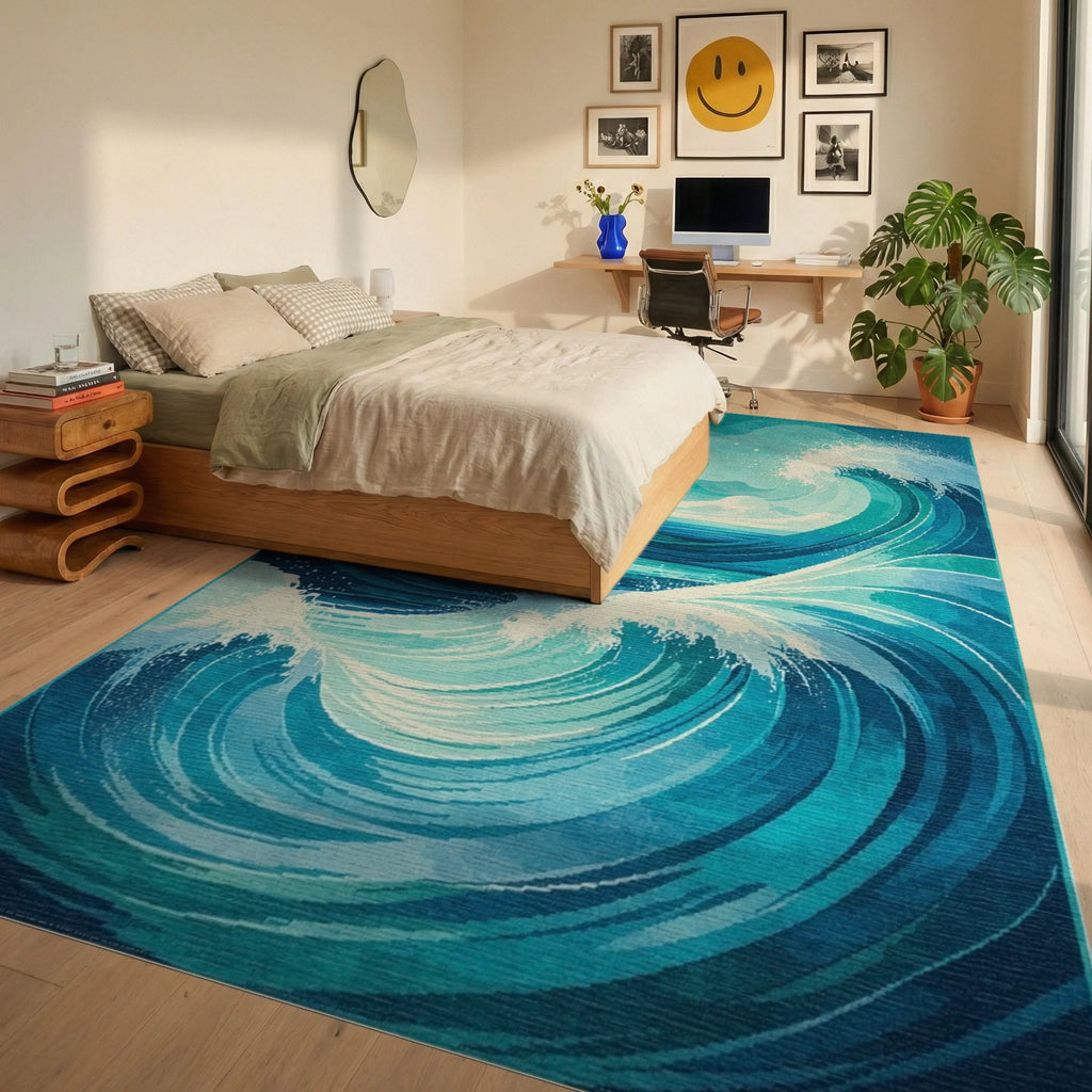 Starry Teal Swirling Waves Rug - Bedroom View