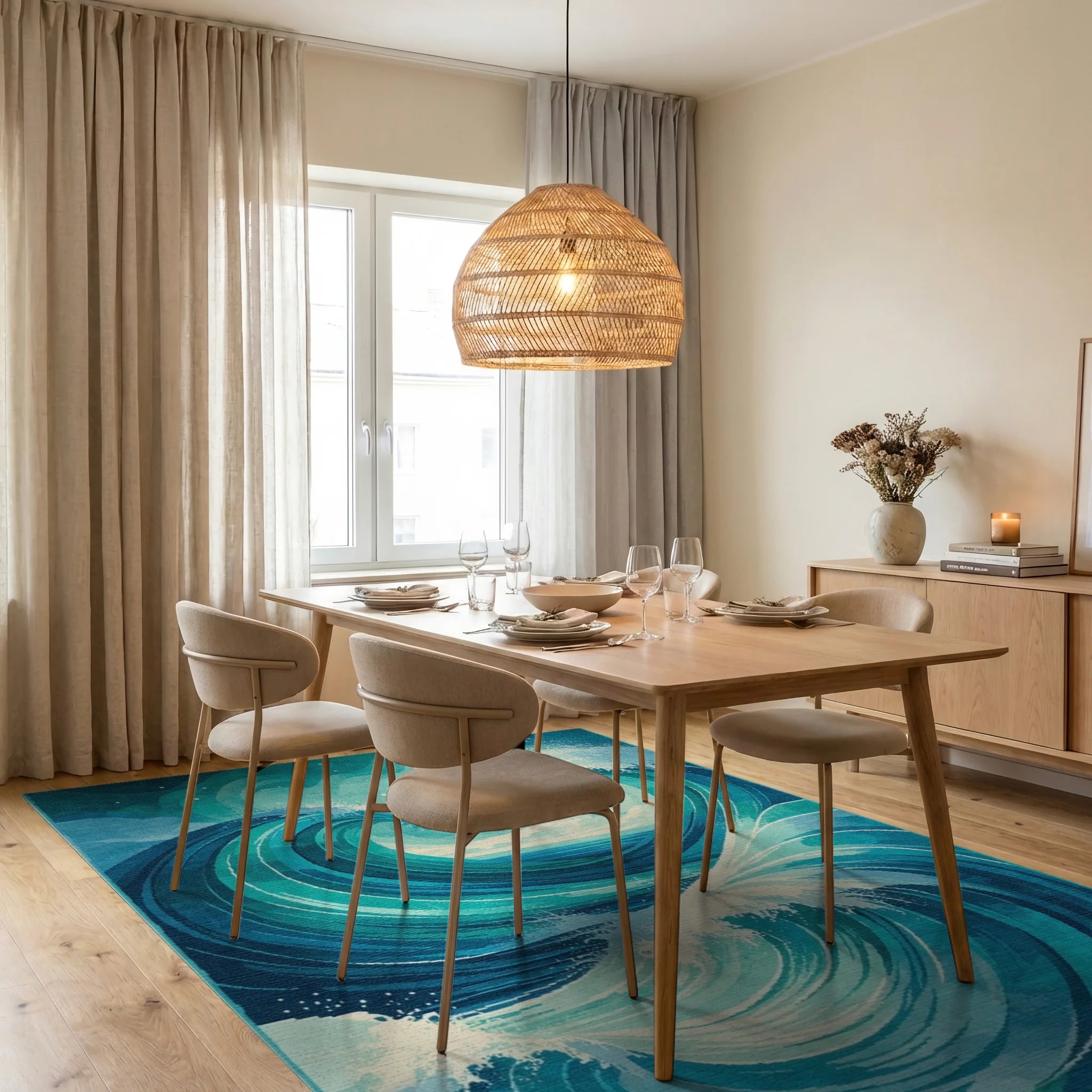 Starry Teal Swirling Waves Rug - Dining Room View