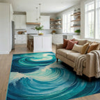 Starry Teal Swirling Waves Rug - Living Room View