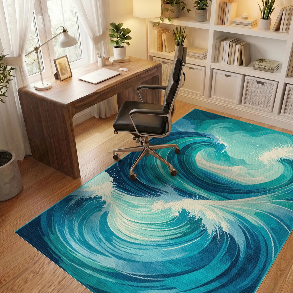 Starry Teal Swirling Waves Rug - Office View