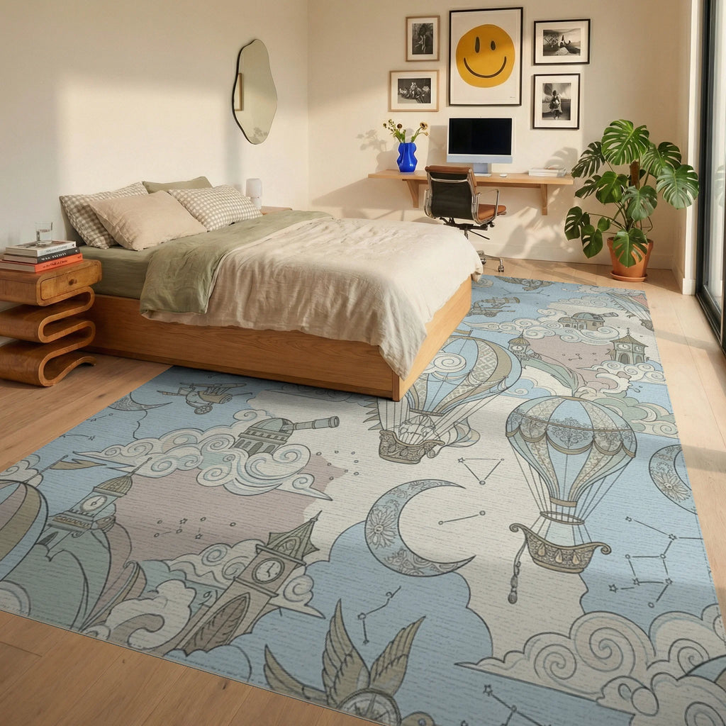 Steampunk Hot Air Balloon Sky Adventure Rug Bedroom View