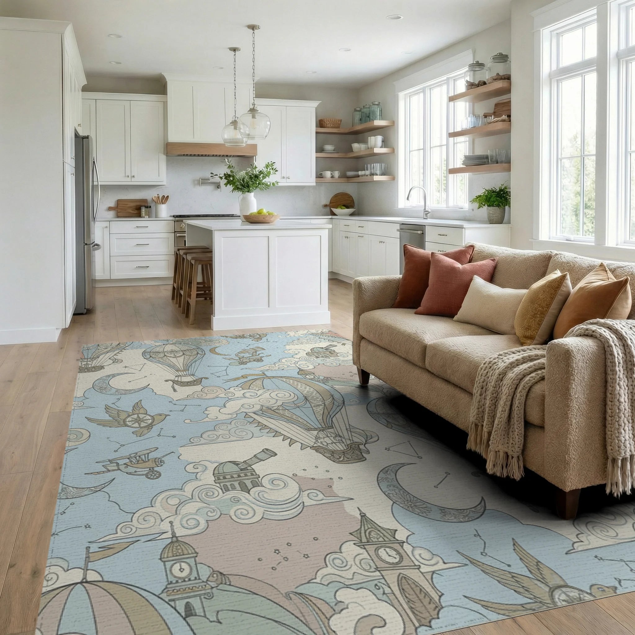 Steampunk Hot Air Balloon Sky Adventure Rug Living Room View