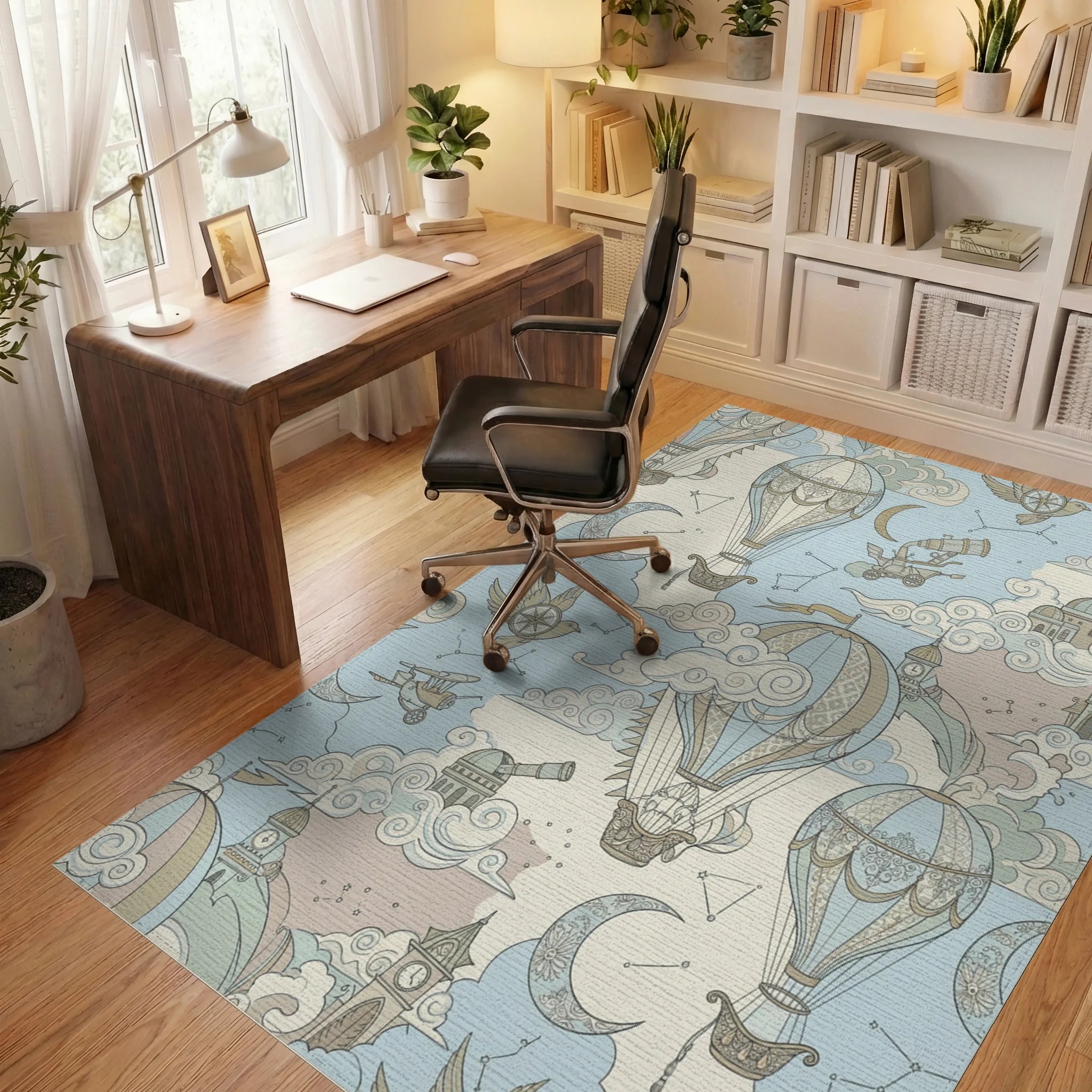 Steampunk Hot Air Balloon Sky Adventure Rug Office View