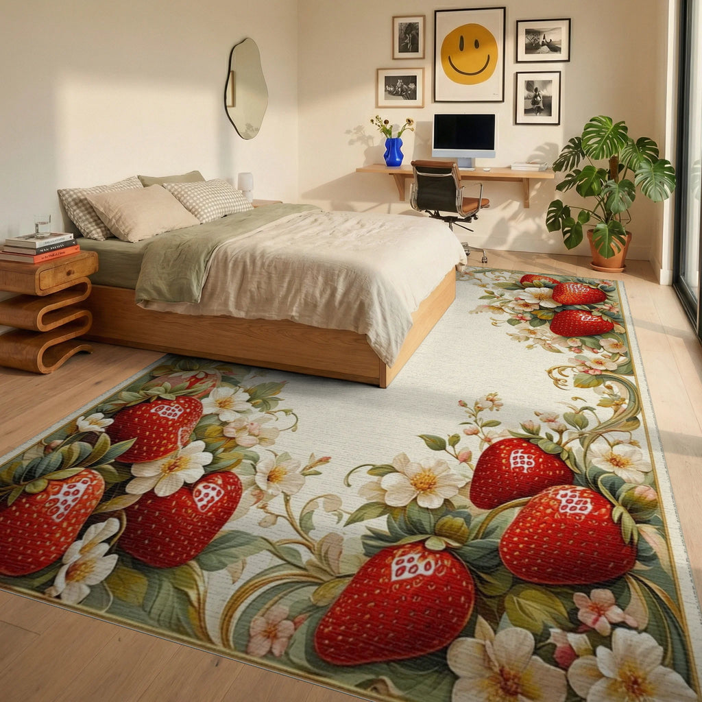 Strawberry Floral Swirl Design Rug - Bedroom View