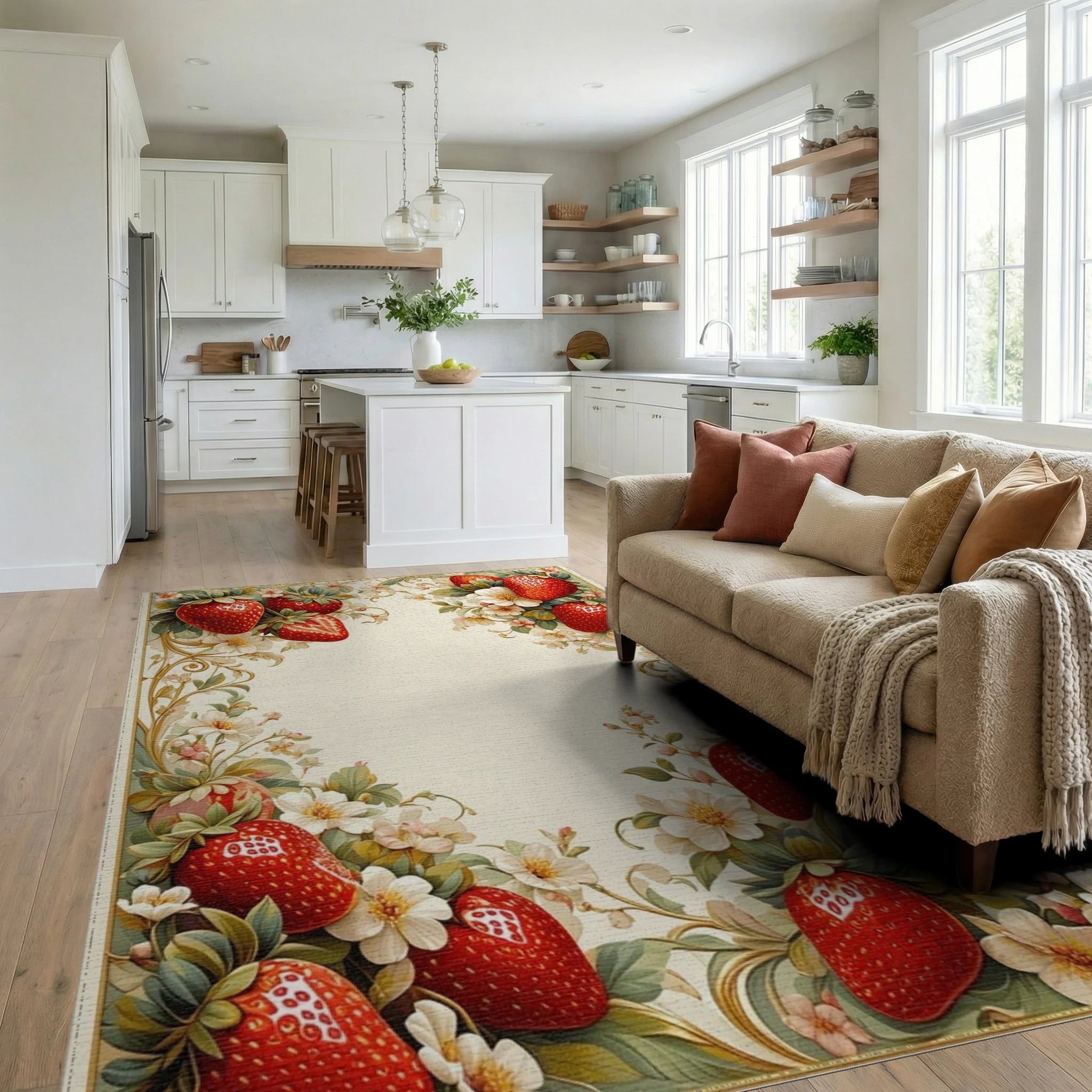 Strawberry Floral Swirl Design Rug - Living Room View