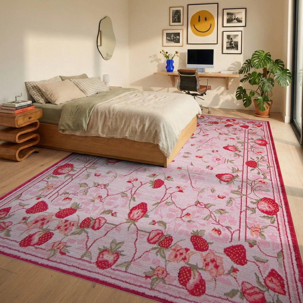 Strawberry Garden Pink Floral Rug - Bedroom View
