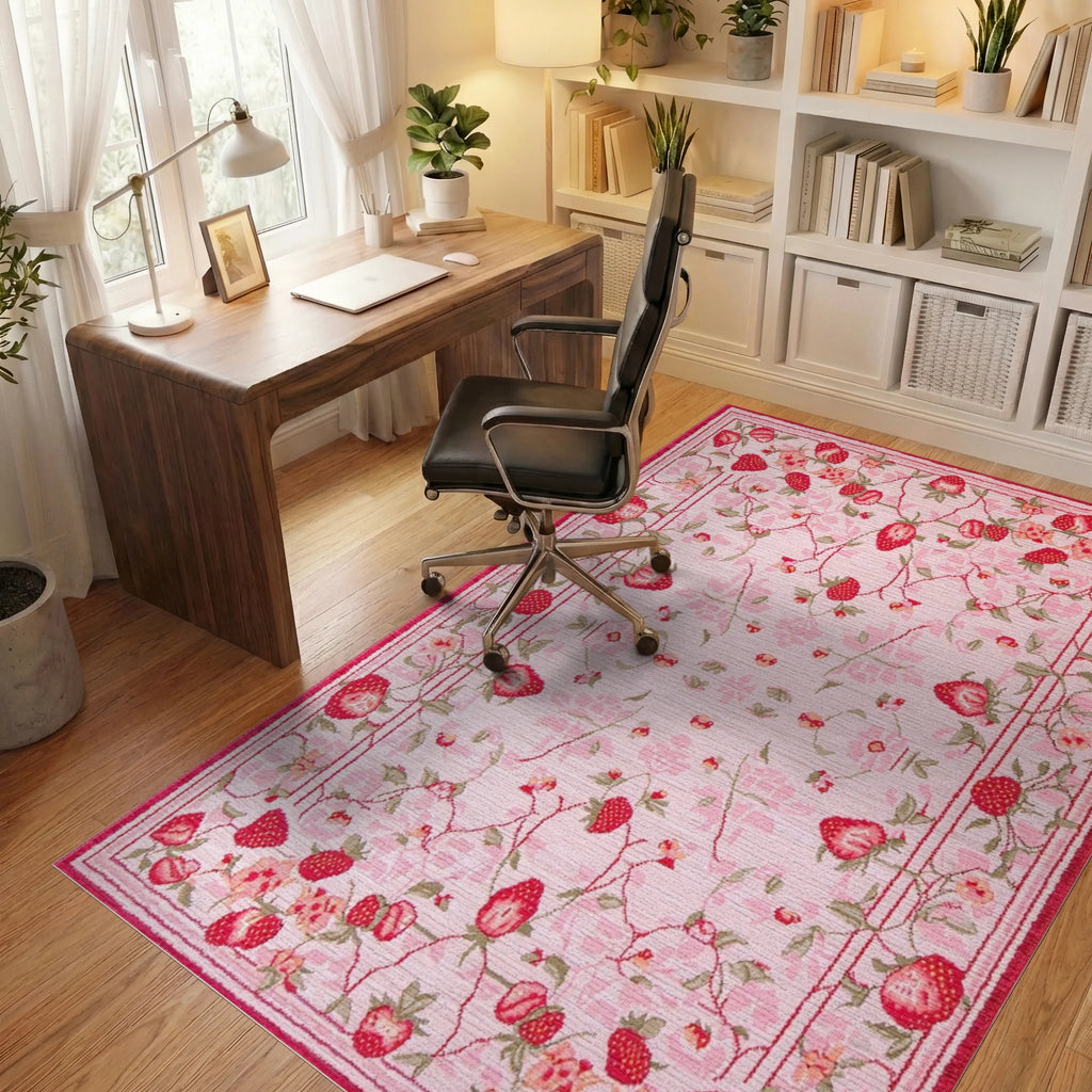 Strawberry Garden Pink Floral Rug - Office View