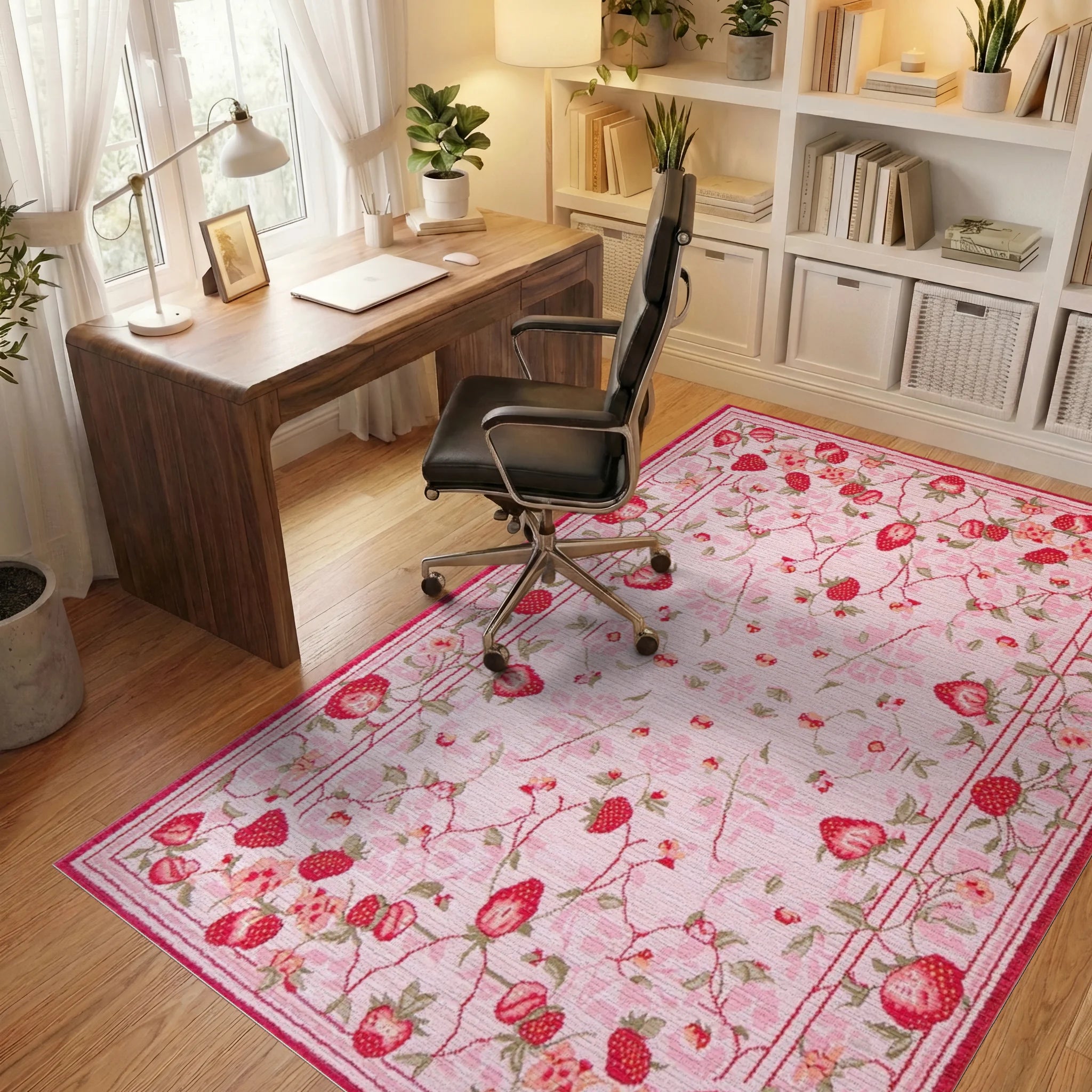 Strawberry Garden Pink Floral Rug - Office View