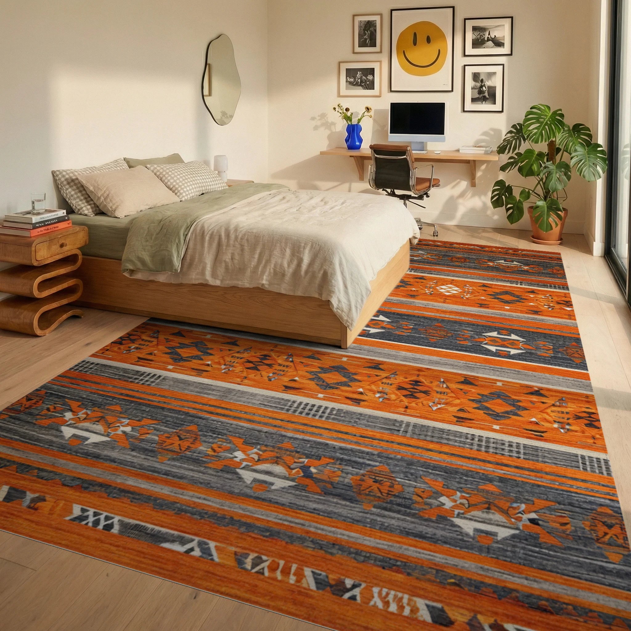 Striking Orange Gray Geometric Stripe Rug - Bedroom View