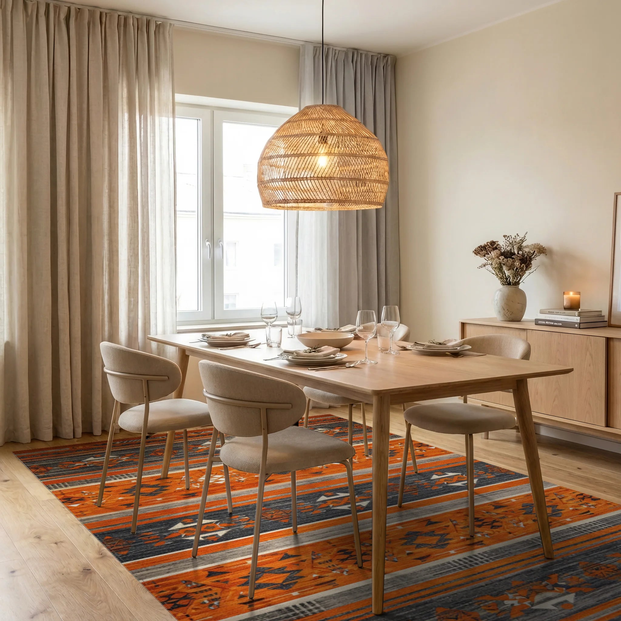 Striking Orange Gray Geometric Stripe Rug - Dining Room View