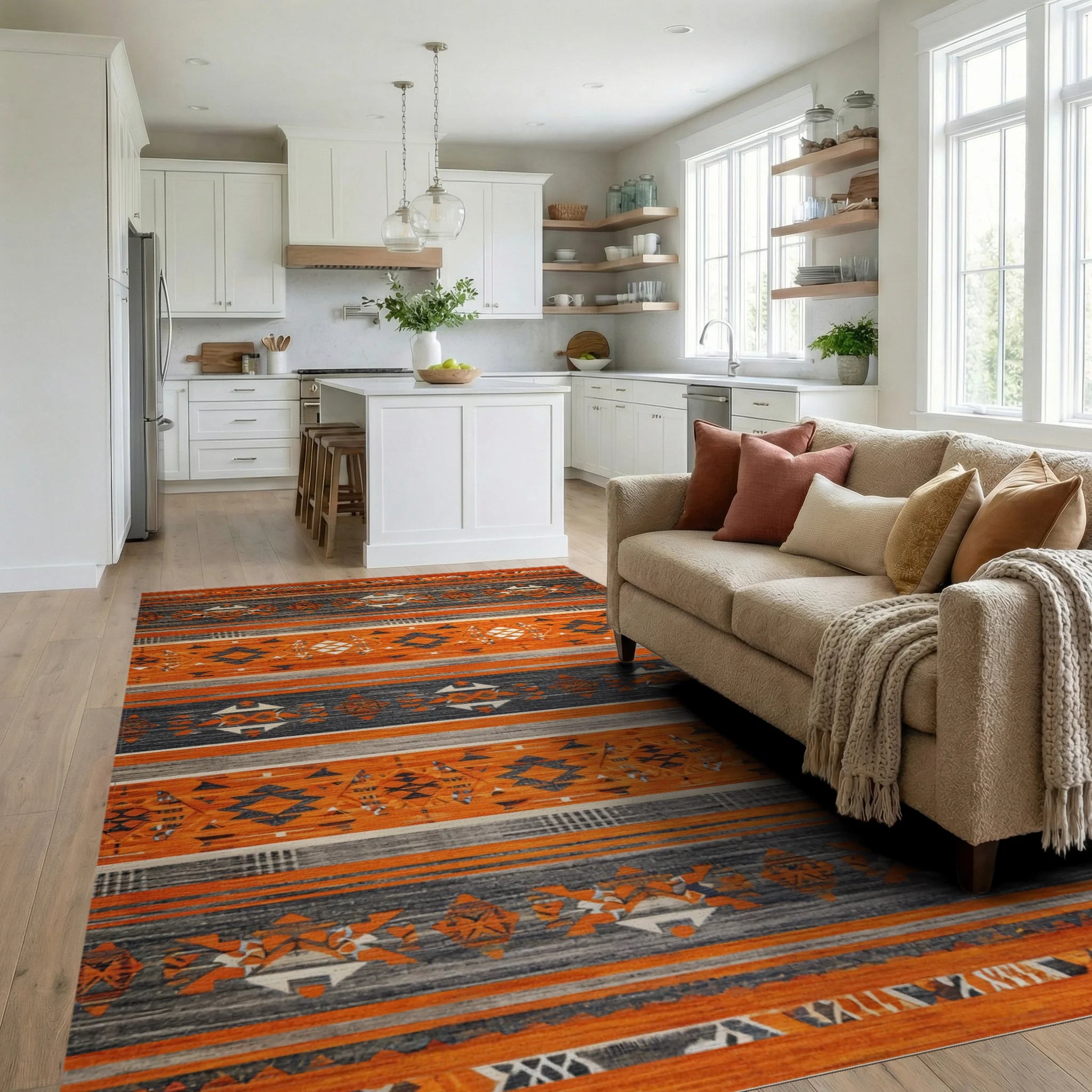 Striking Orange Gray Geometric Stripe Rug - Living Room View