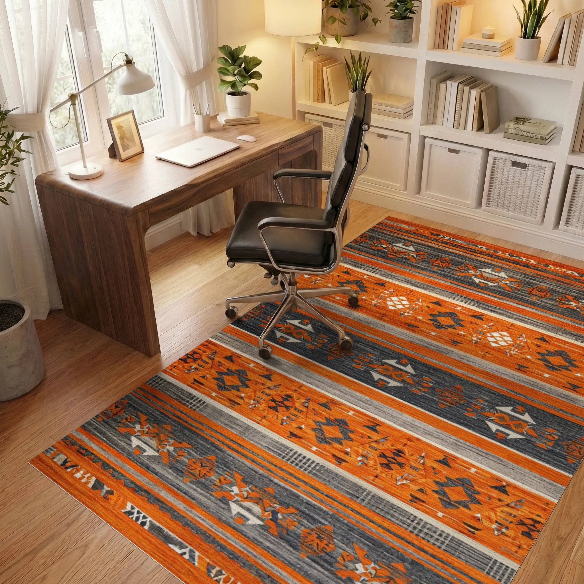 Striking Orange Gray Geometric Stripe Rug - Office View