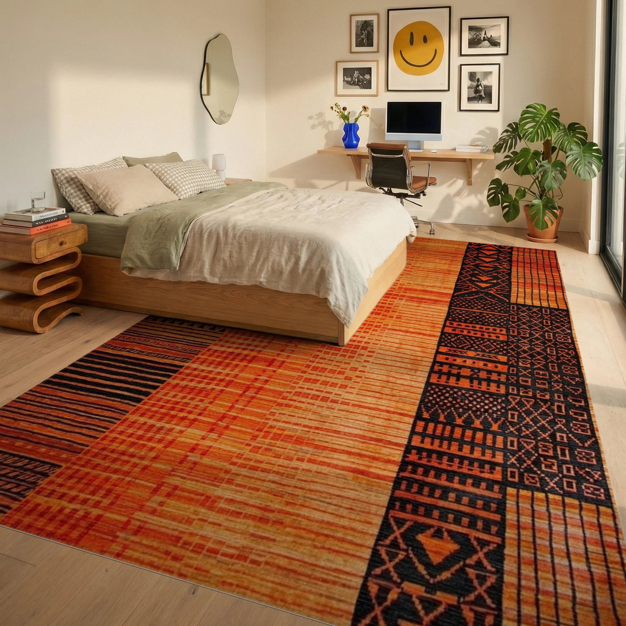 Striped Geometric Orange Black Pattern Rug - Bedroom View