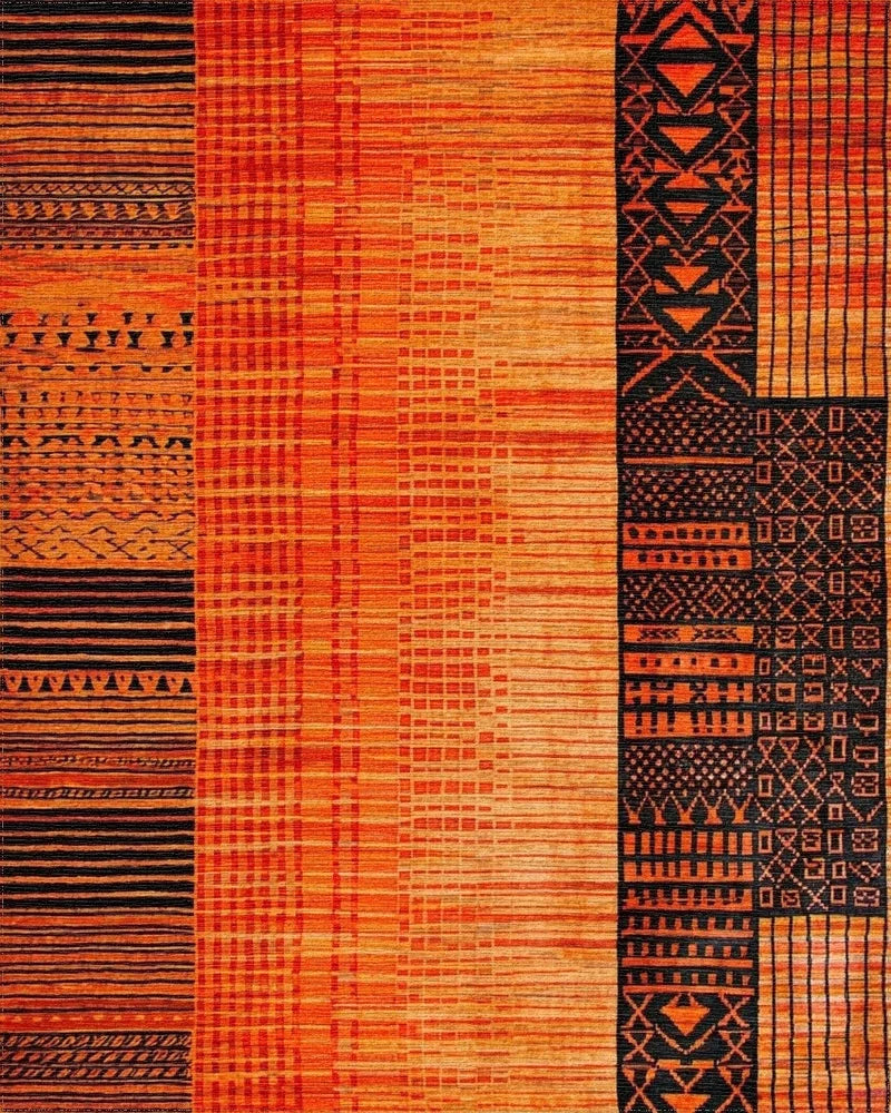 Striped Geometric Orange Black Pattern Rug - Cutout View