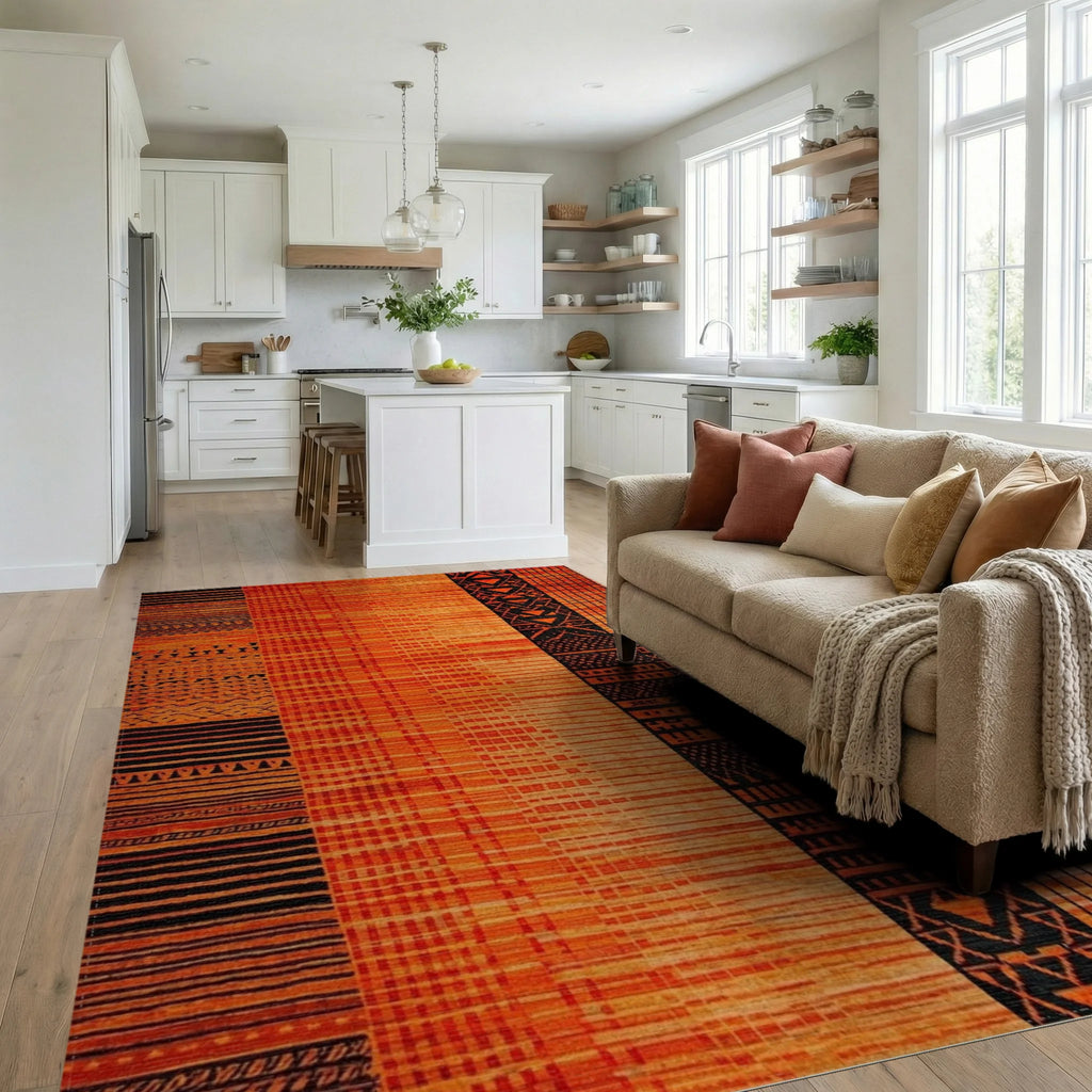 Striped Geometric Orange Black Pattern Rug - Living Room View