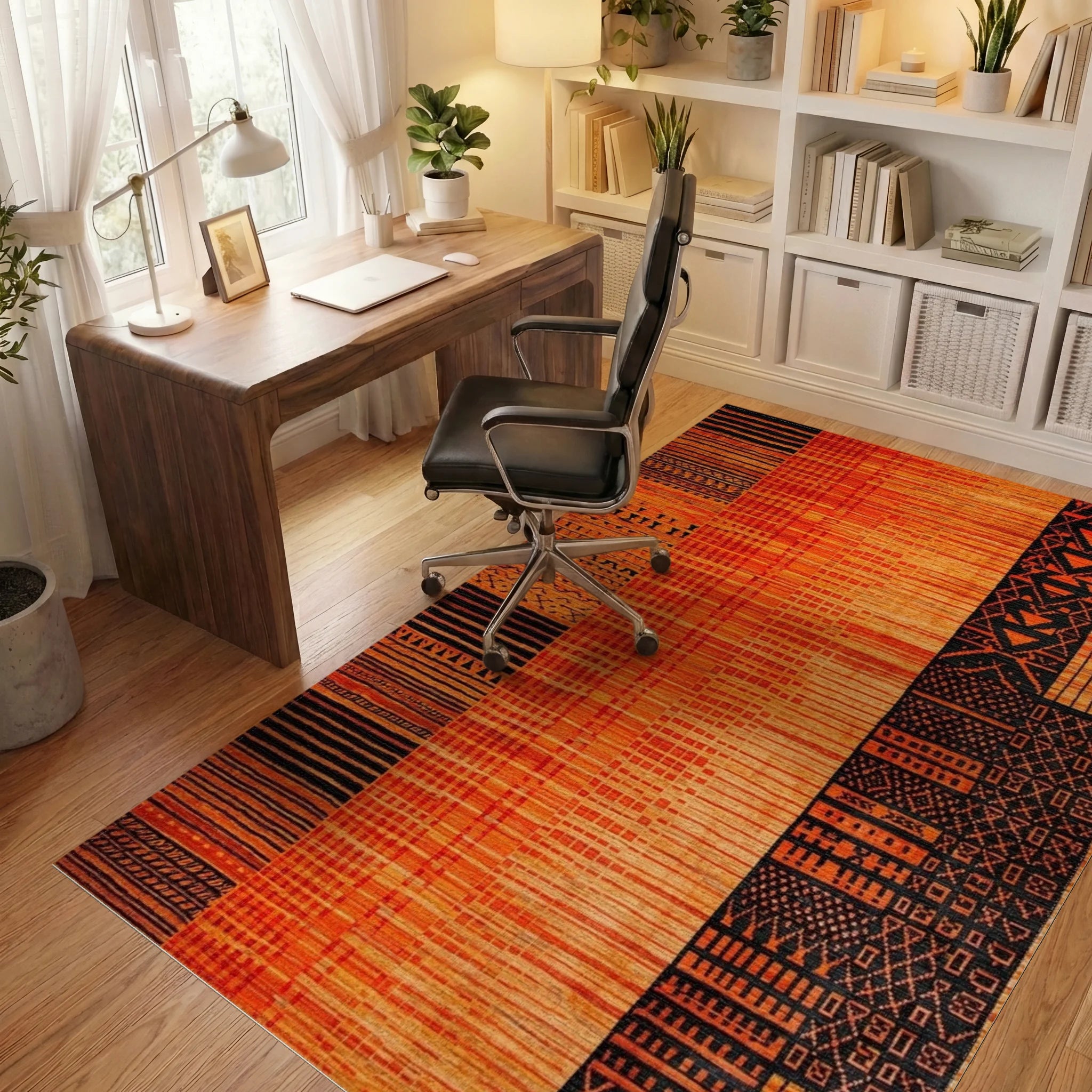 Striped Geometric Orange Black Pattern Rug - Office View