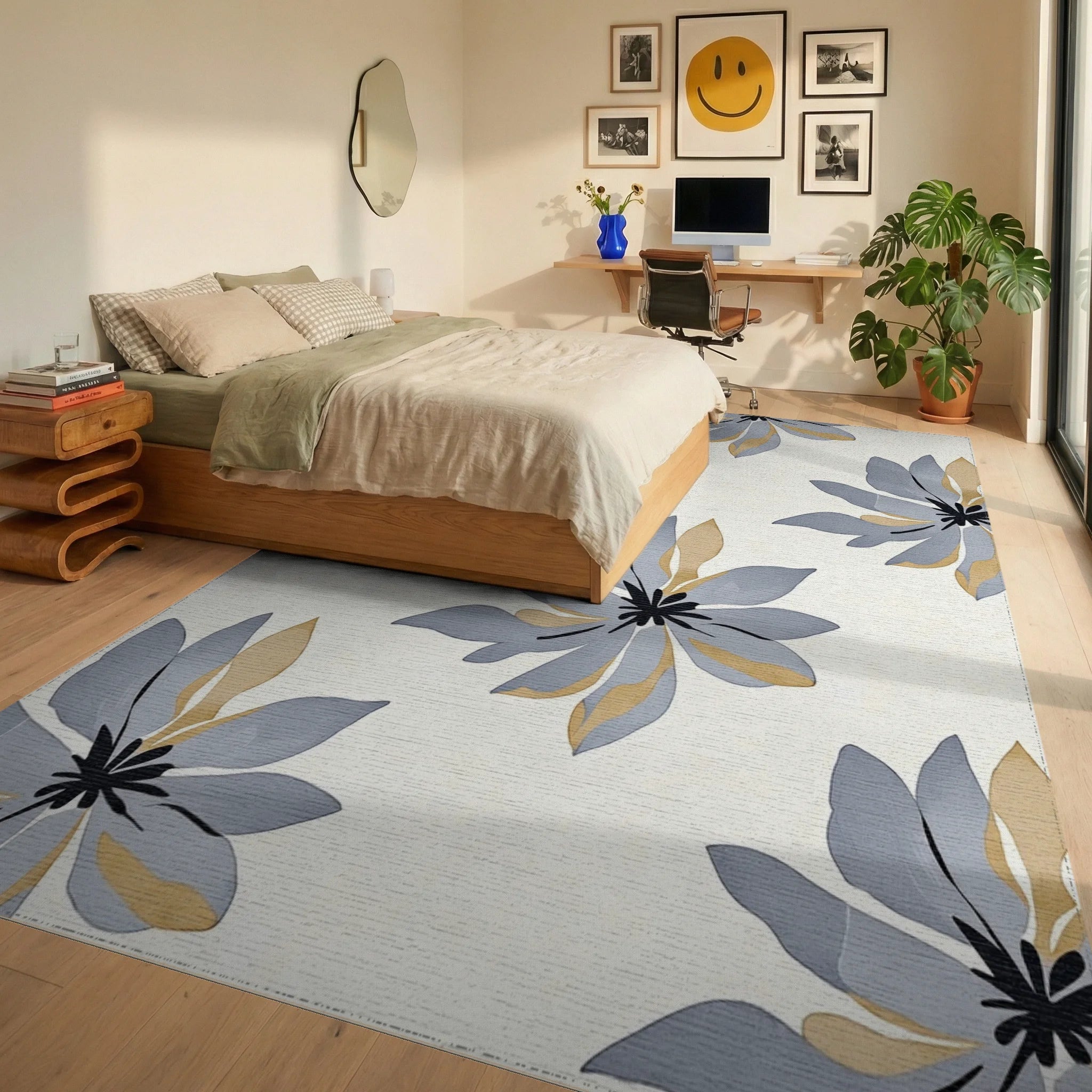 Stylized Gray Gold Floral Pattern Rug Bedroom View