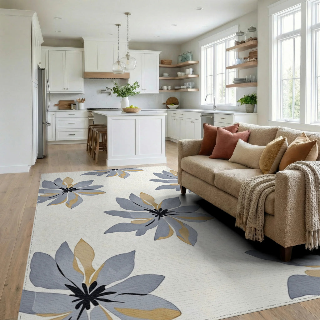 Stylized Gray Gold Floral Pattern Rug Living Room View