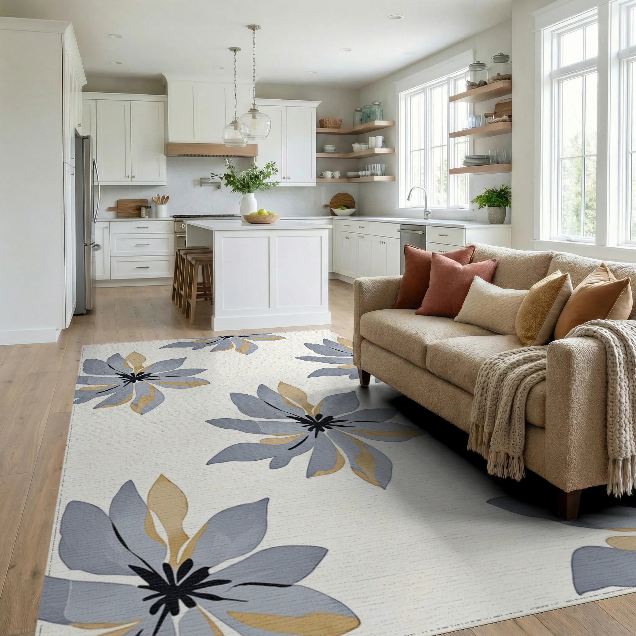 Stylized Gray Gold Floral Pattern Rug Living Room View