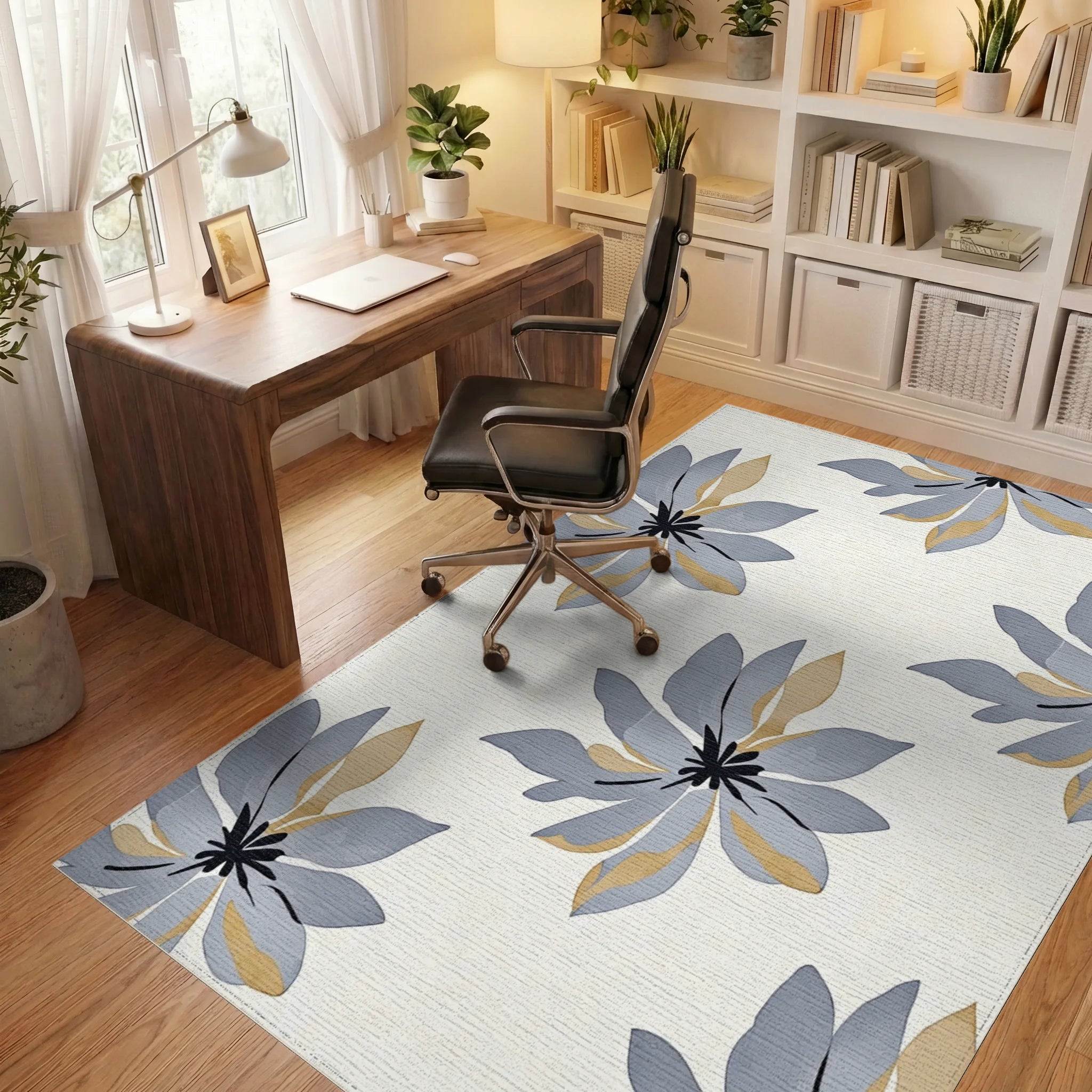 Stylized Gray Gold Floral Pattern Rug Office View