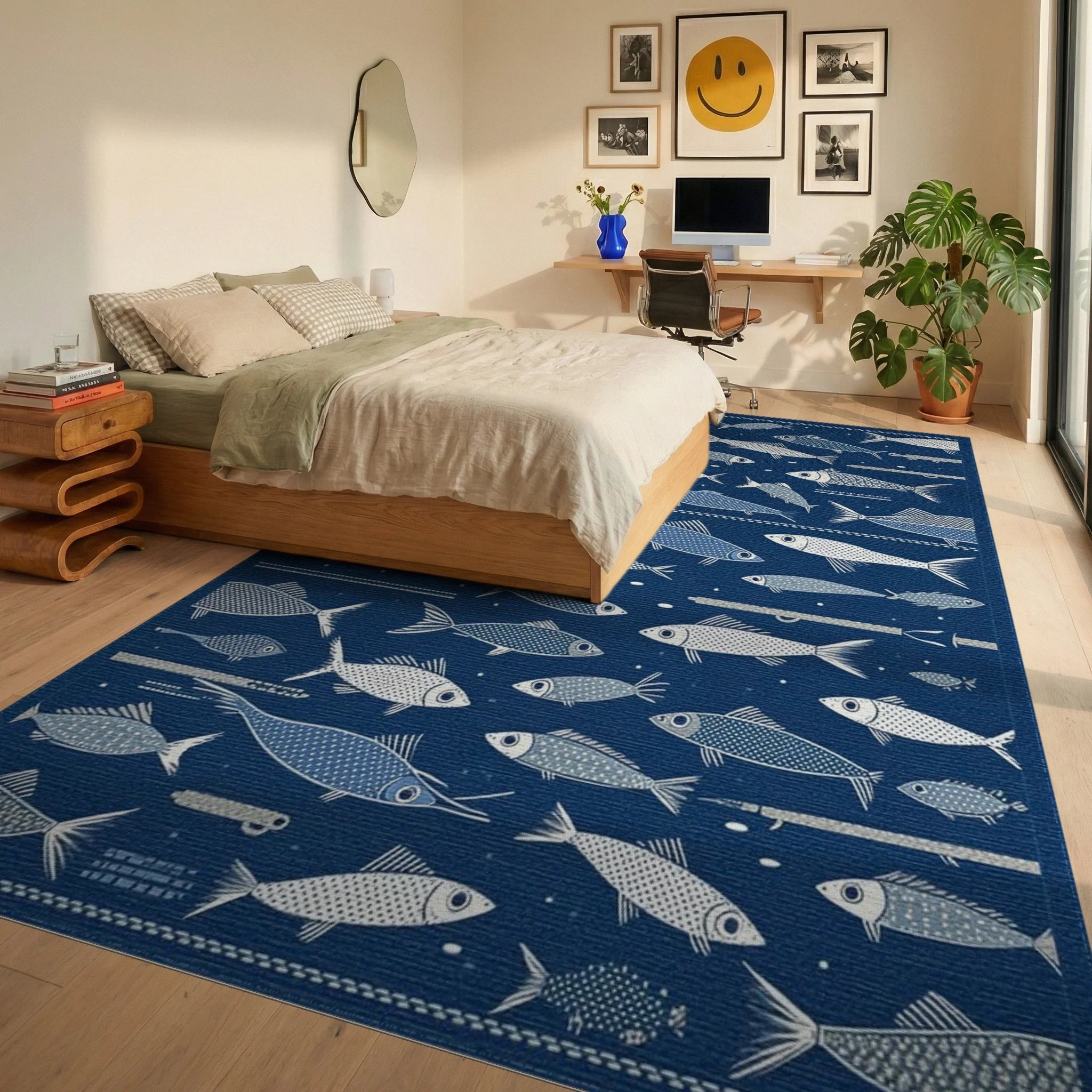 Stylized White Fish Navy Rug - Bedroom View