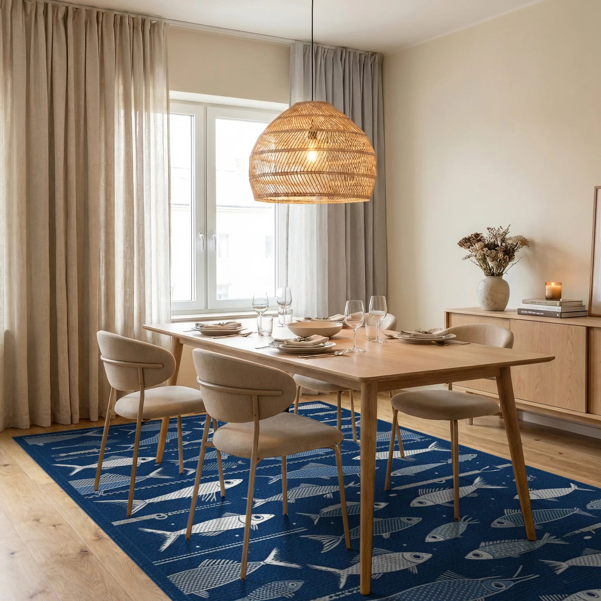 Stylized White Fish Navy Rug - Dining Room View