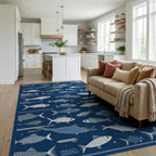 Stylized White Fish Navy Rug - Living Room View
