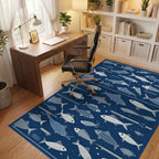 Stylized White Fish Navy Rug - Office View