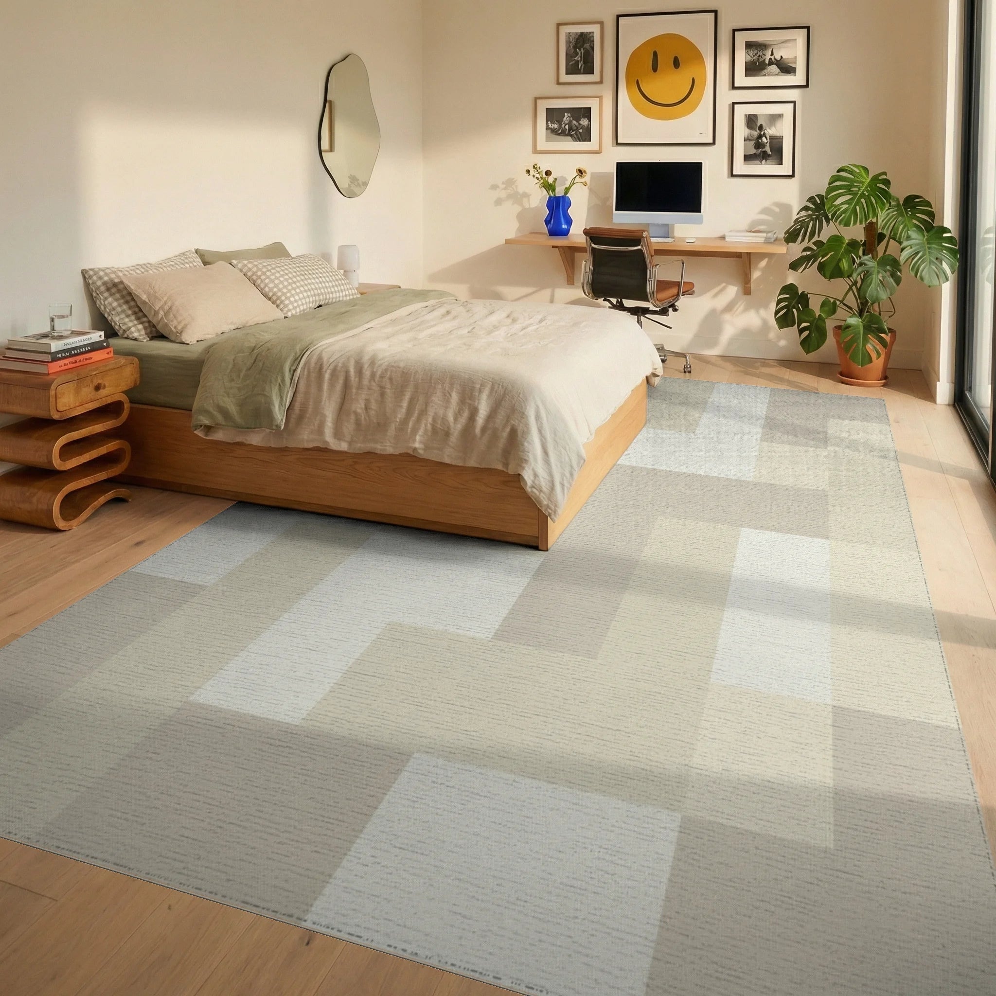 Subtle Beige Geometric Interlock Blocks Rug Bedroom View