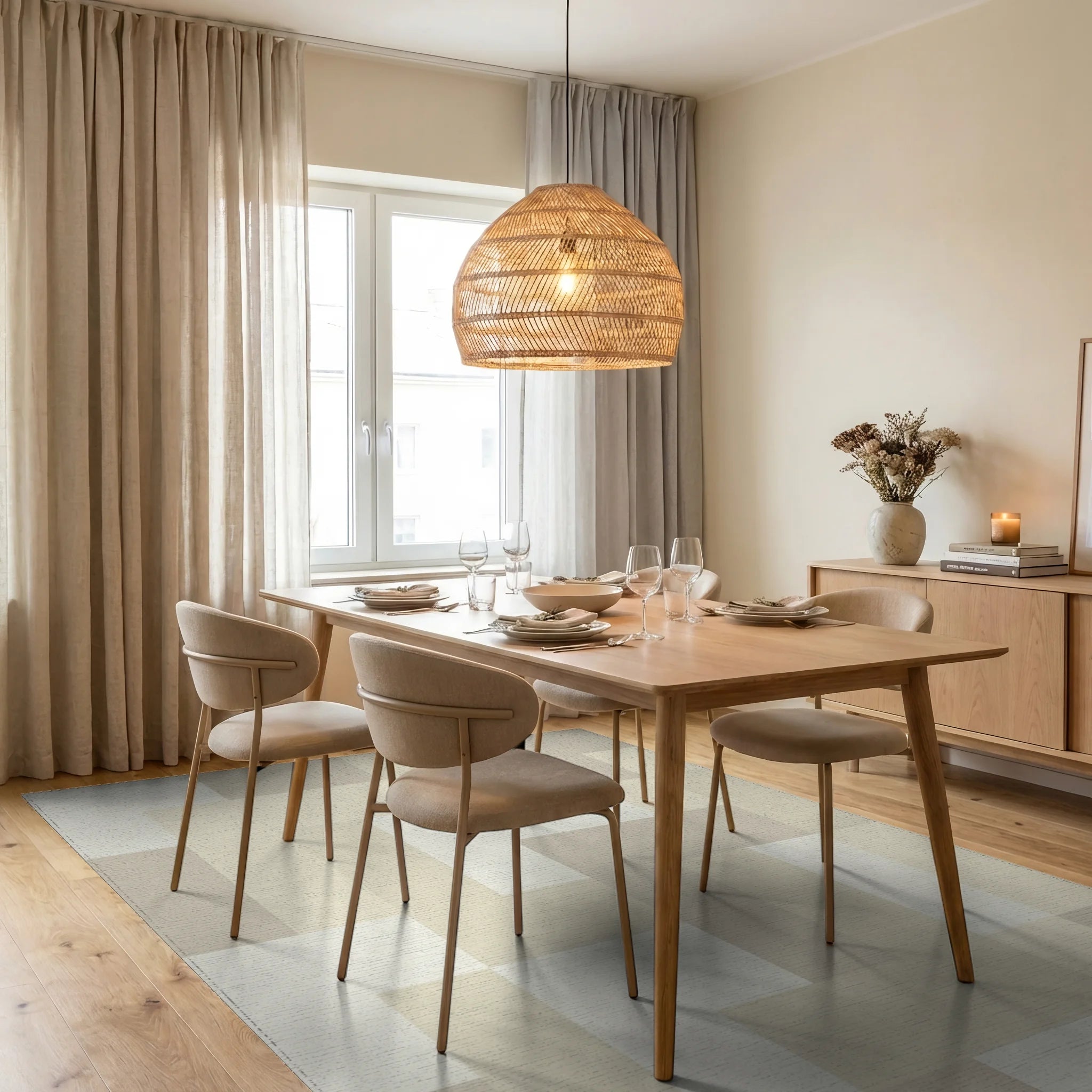 Subtle Beige Geometric Interlock Blocks Rug Dining Room View